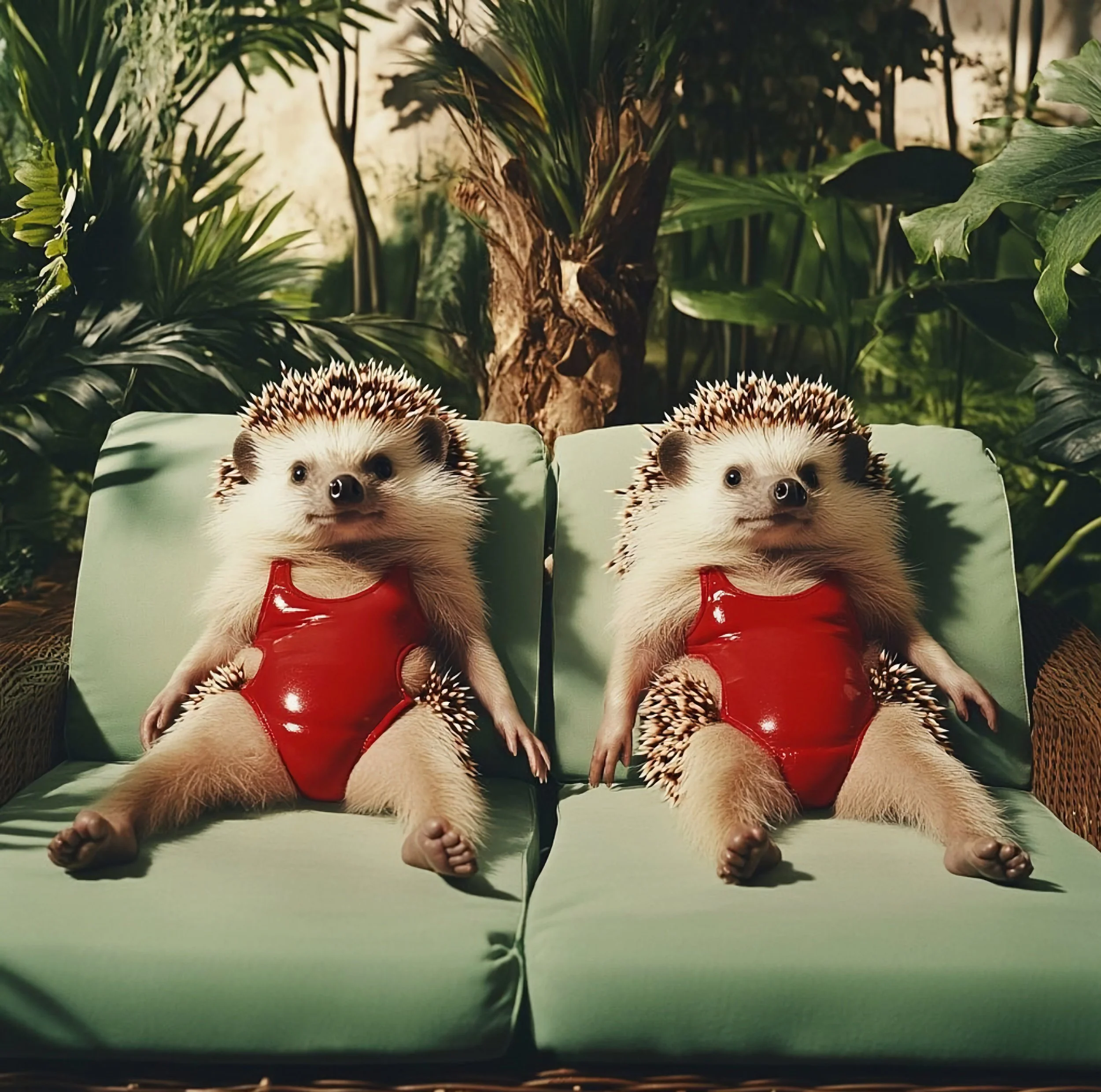 Two baby hedgehogs with red outfits sitting on green outdoor chairs in a lush garden setting.