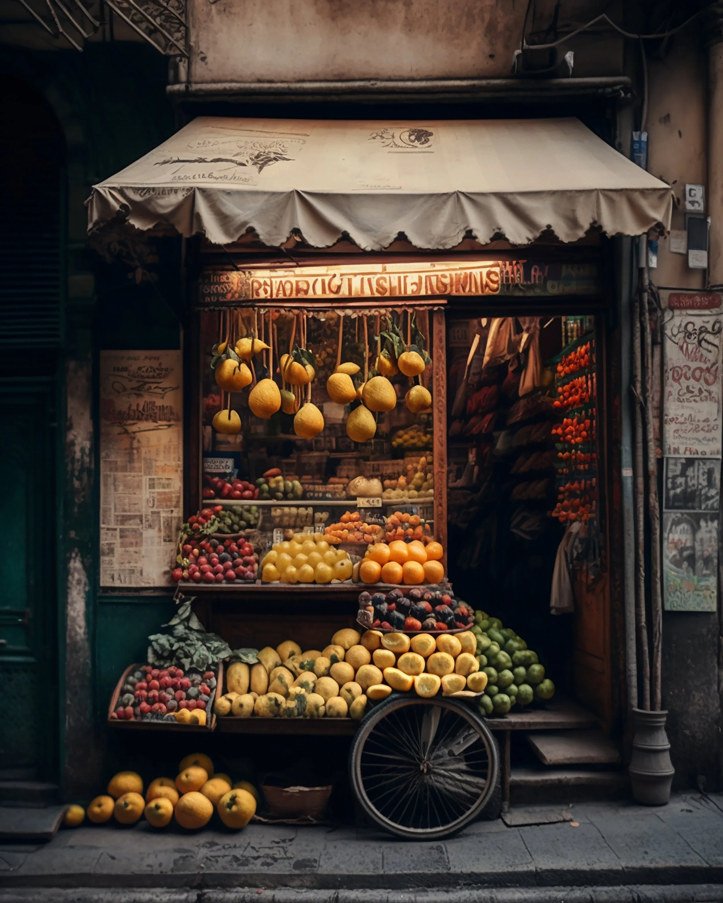 Fruit stand with yellow lemons hanging above and various fruits like oranges, apples, and melons displayed on the shelves and ground, with an awning overhead.