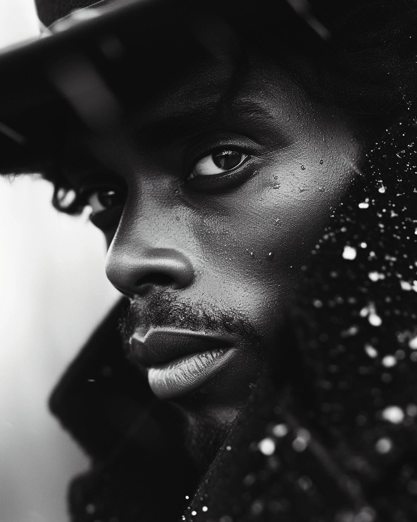 Close-up black and white portrait of a person with water droplets on their face, wearing a dark, sparkly garment, and gazing at the camera.