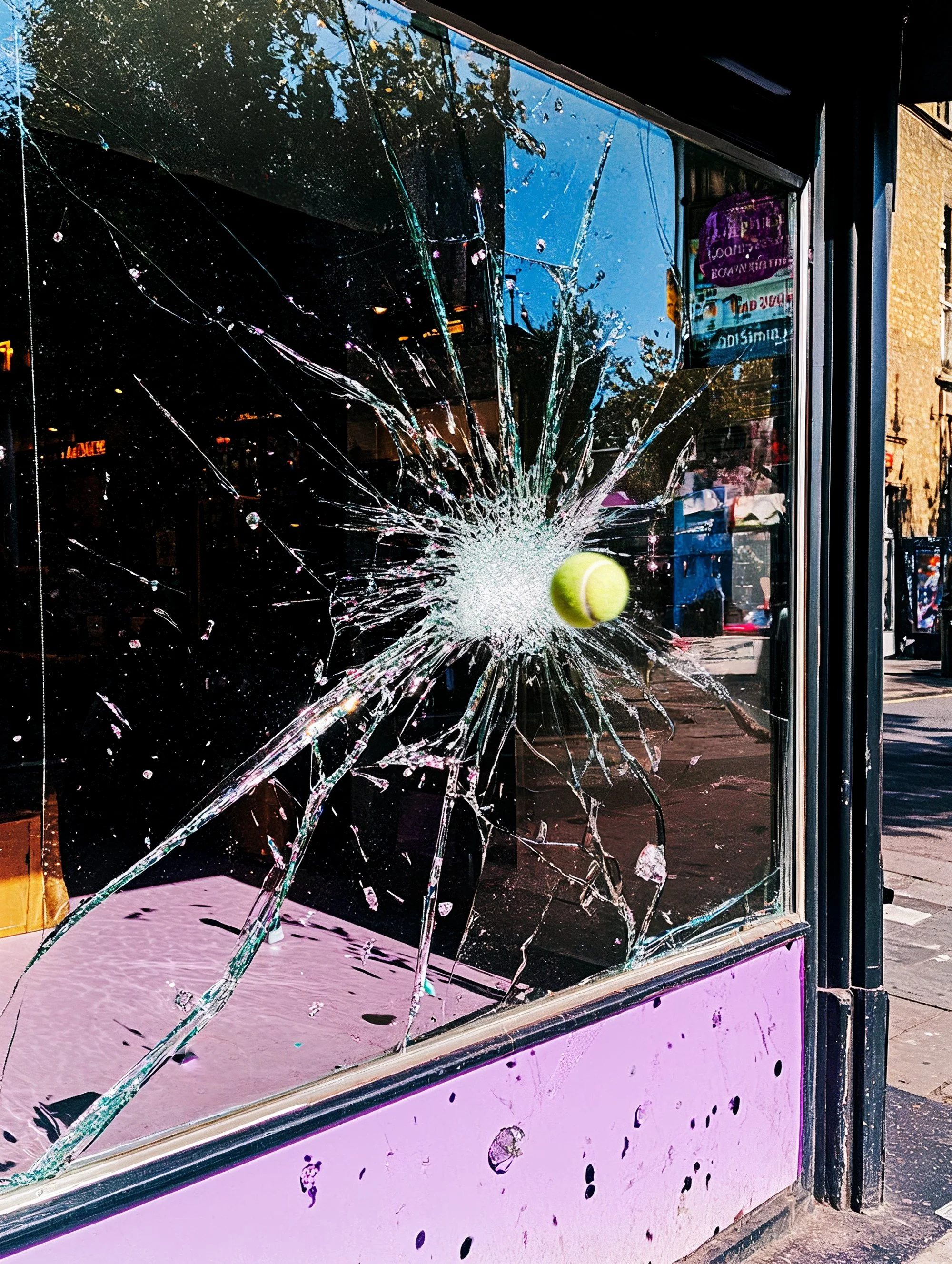 A tennis ball breaking a glass window with a visible impact point and cracks radiating outward.