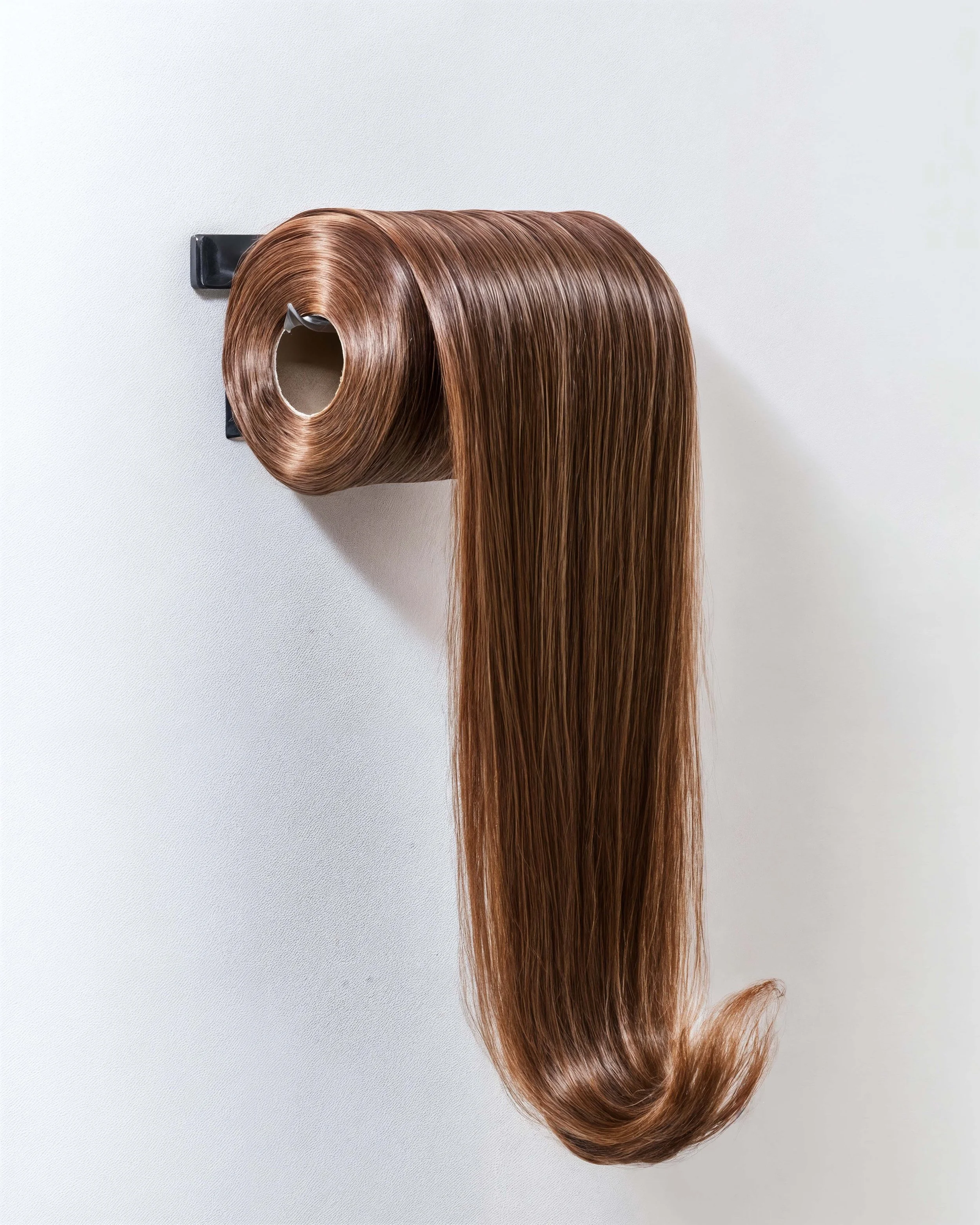 A roll of straight, shiny light brown hair extension on a wall hook.