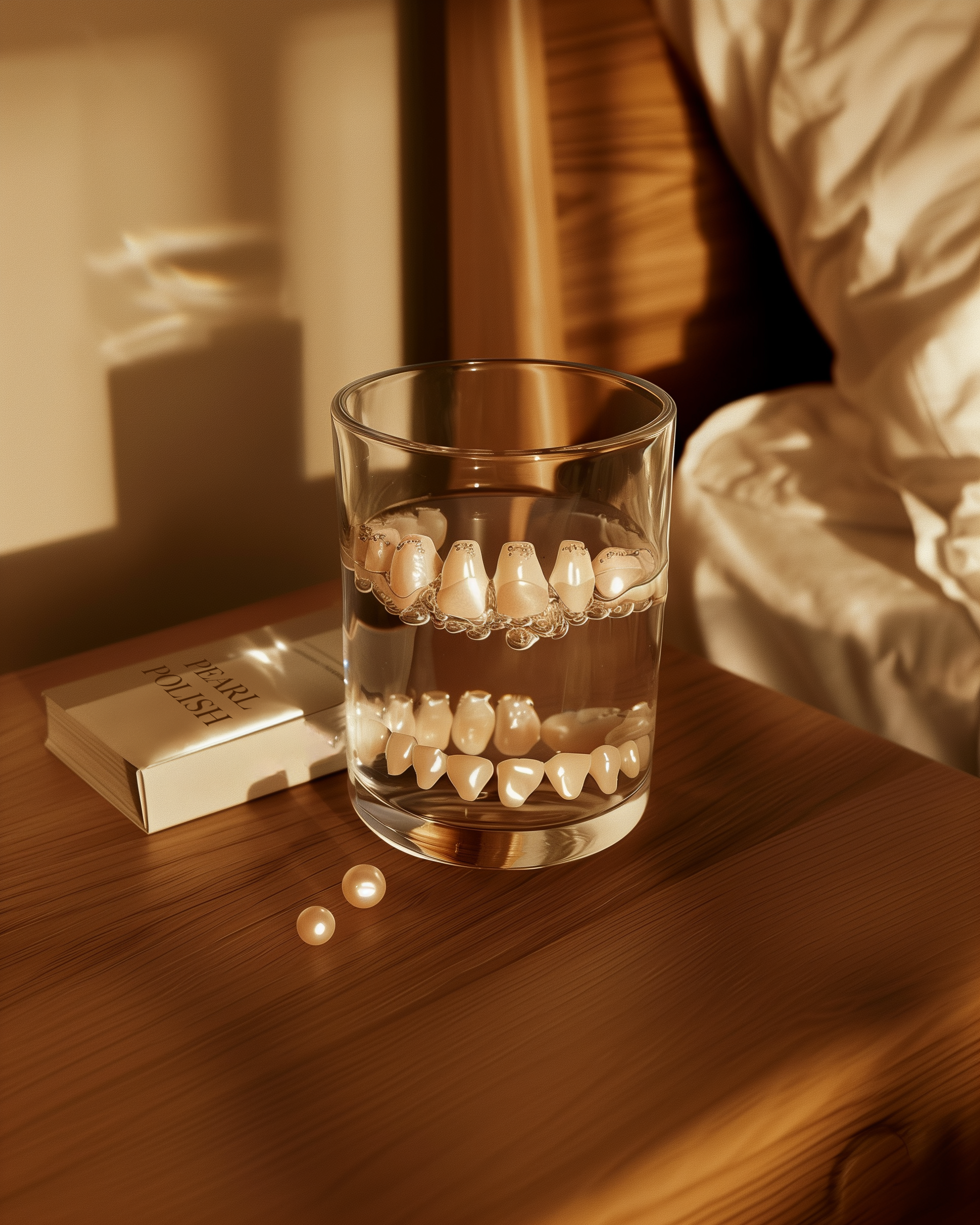 A glass of water with floating false teeth, Pearl polish box, and two white pearls on a wooden nightstand in warm lighting.
