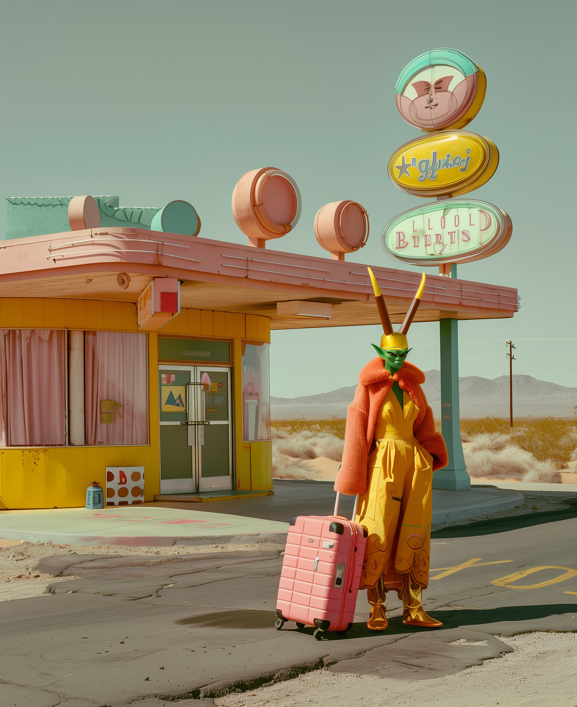 Person in a colorful futuristic costume with green skin, orange cape, yellow pants, and bunny ears, standing with a pink suitcase in front of a neon-lit roadside diner in a desert landscape.