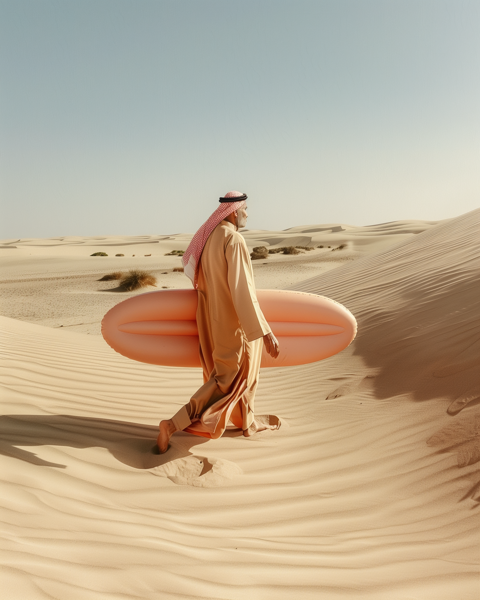 A man dressed in traditional Middle Eastern attire walks through a desert, carrying a pink inflatable surfboard.