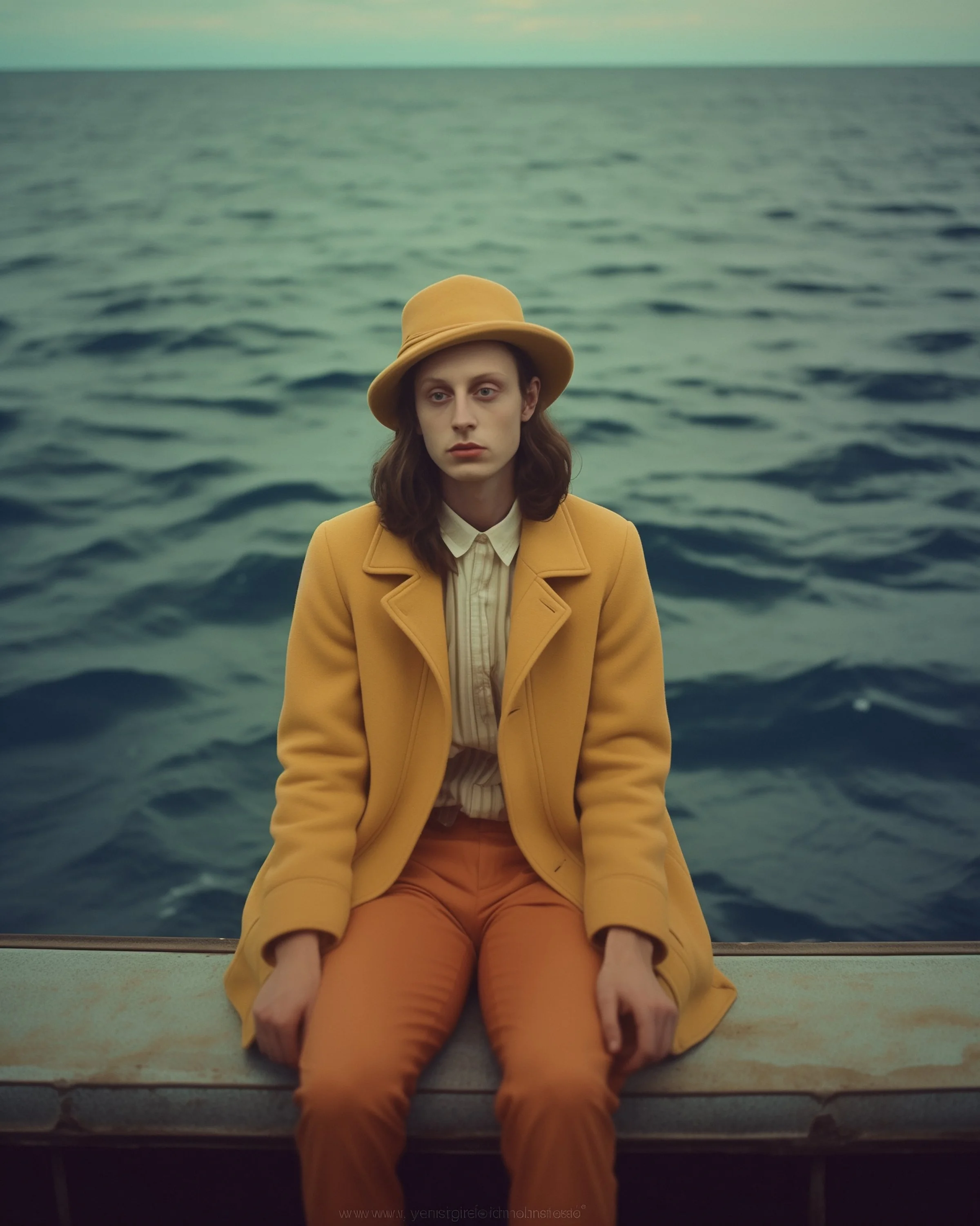 A woman dressed in a yellow coat, matching hat, and orange pants sitting alone on a boat with a calm ocean background.