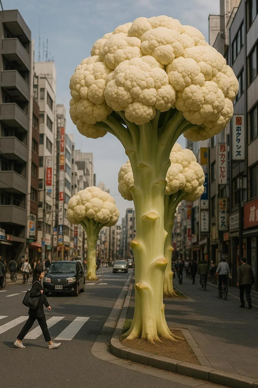 Large cauliflower-shaped trees lining a busy city street with pedestrians and cars.
