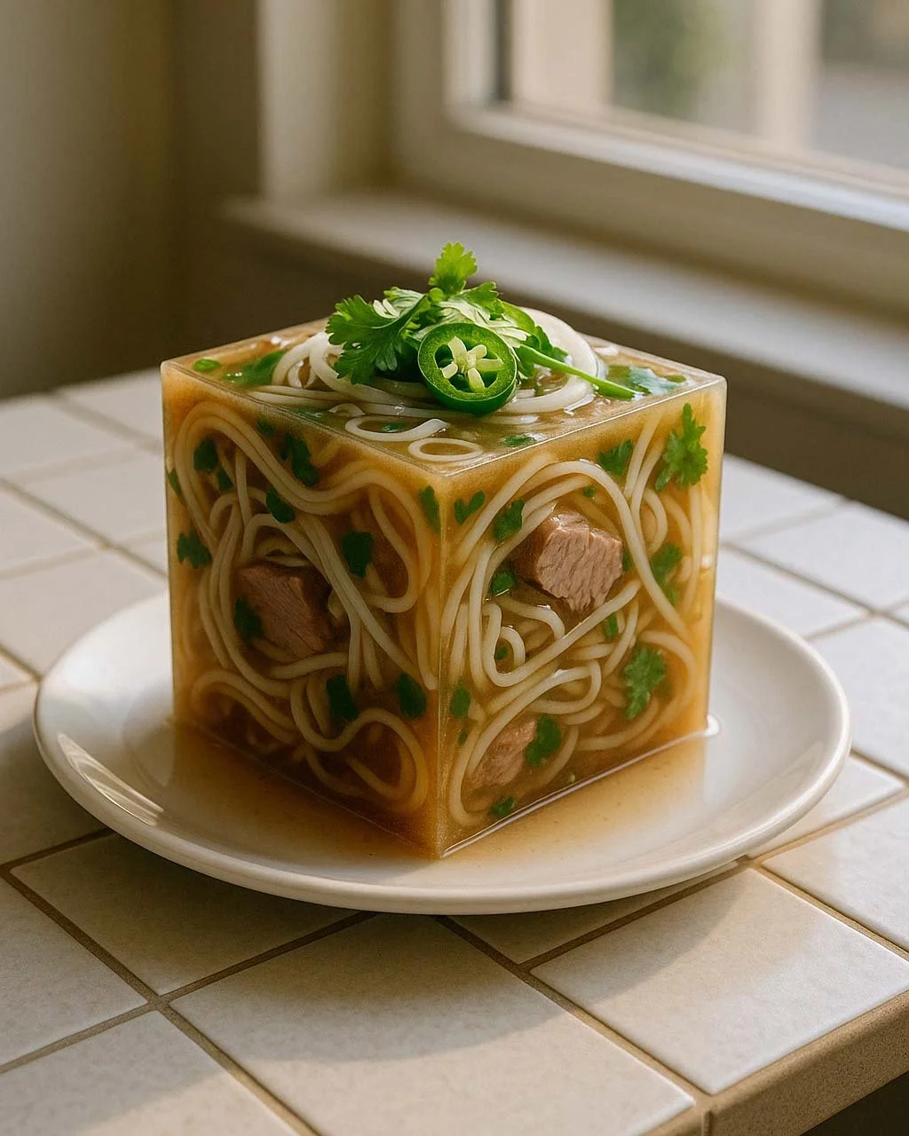 Cube-shaped container of chicken noodle soup with noodles, pieces of chicken, green cilantro, and sliced jalapeño peppers, served on a white plate near a window.