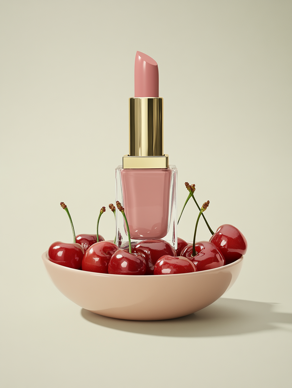 A bottle of pink lipstick placed upright in a bowl of fresh red cherries on a plain background.