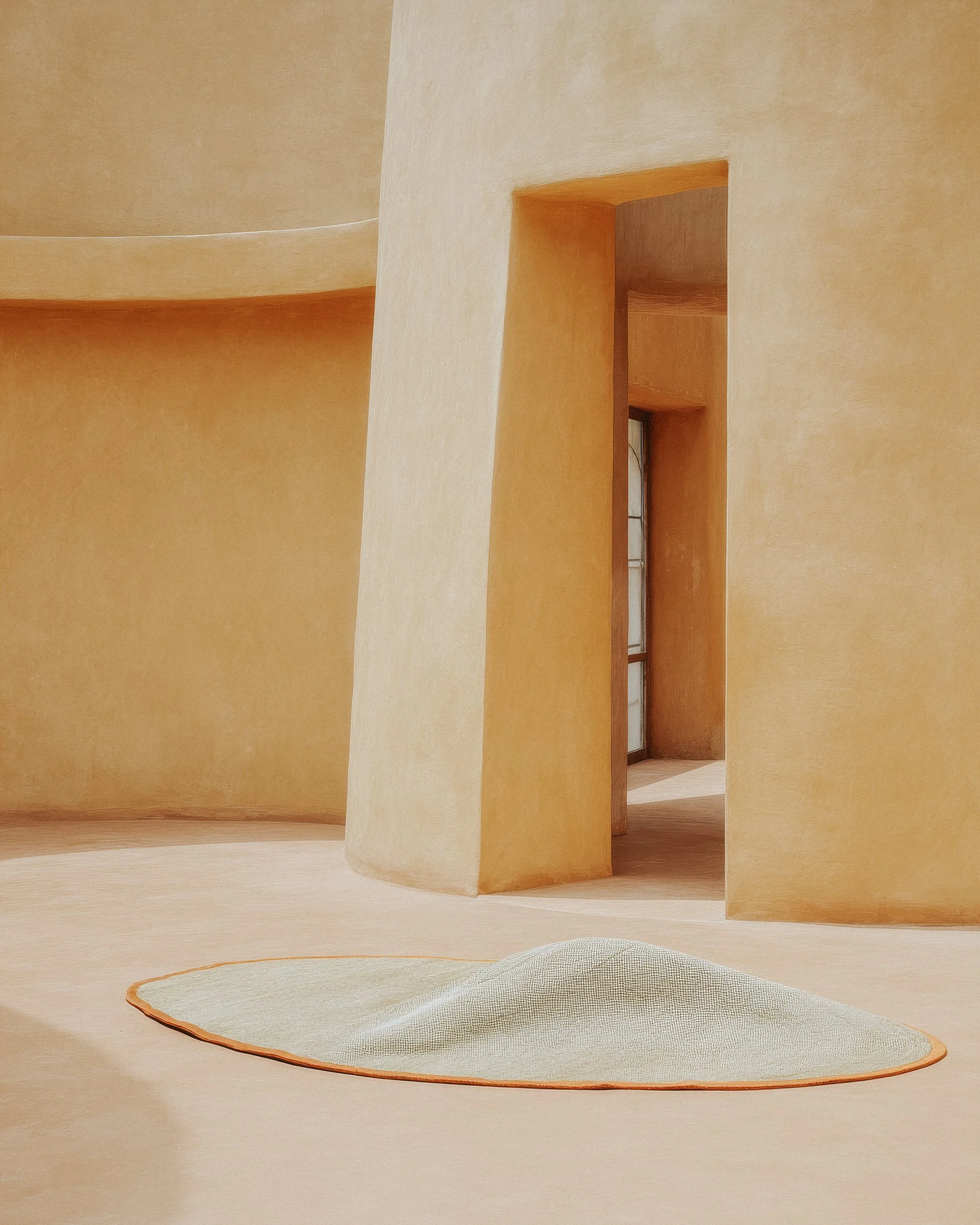 Minimalist interior with smooth beige walls, a curved archway leading to a window, and a textured beige rug on a light-colored floor.