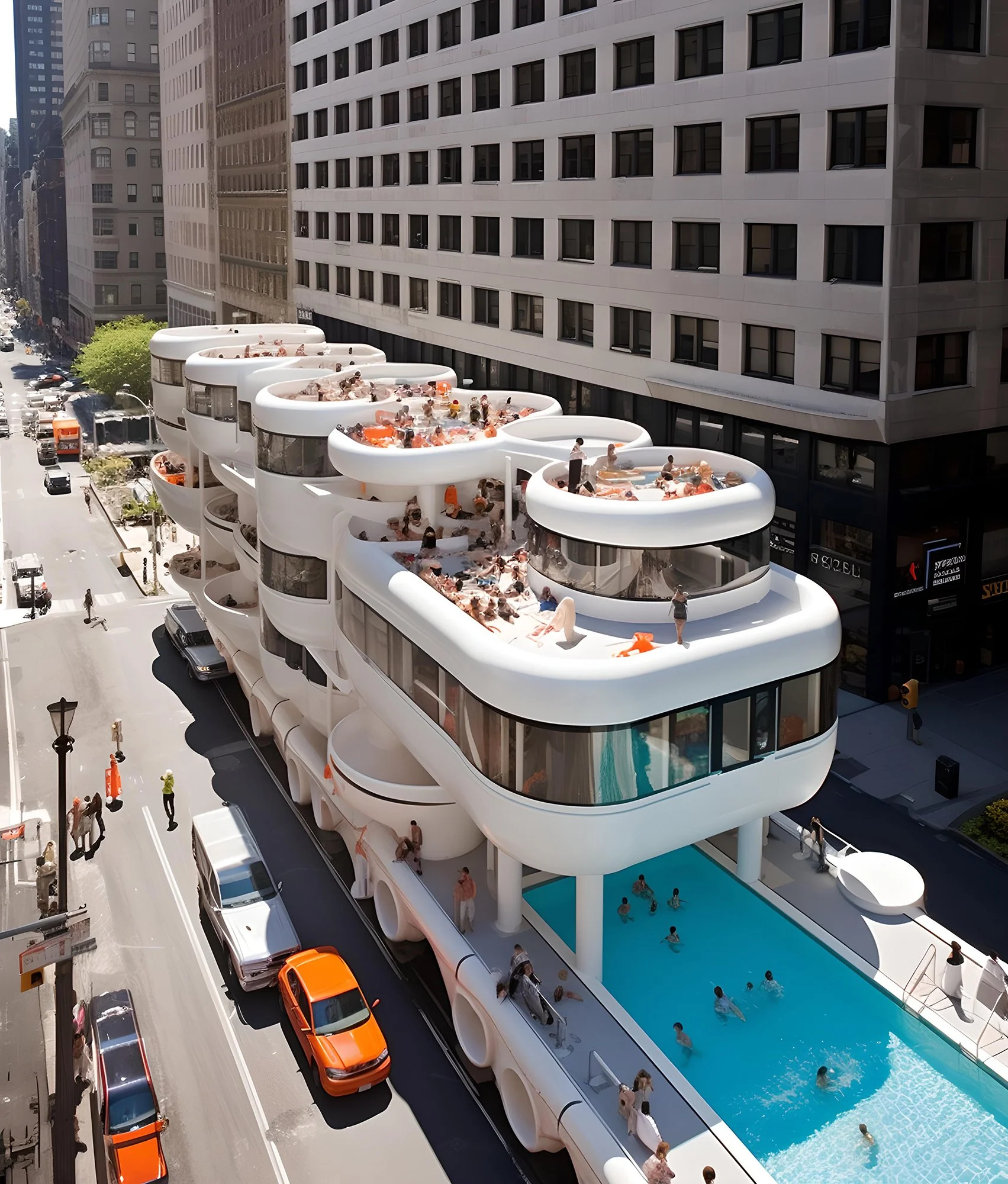 A futuristic multi-level building with rounded design in an urban cityscape, featuring outdoor pools and people sunbathing and swimming, with cars parked along the street below.