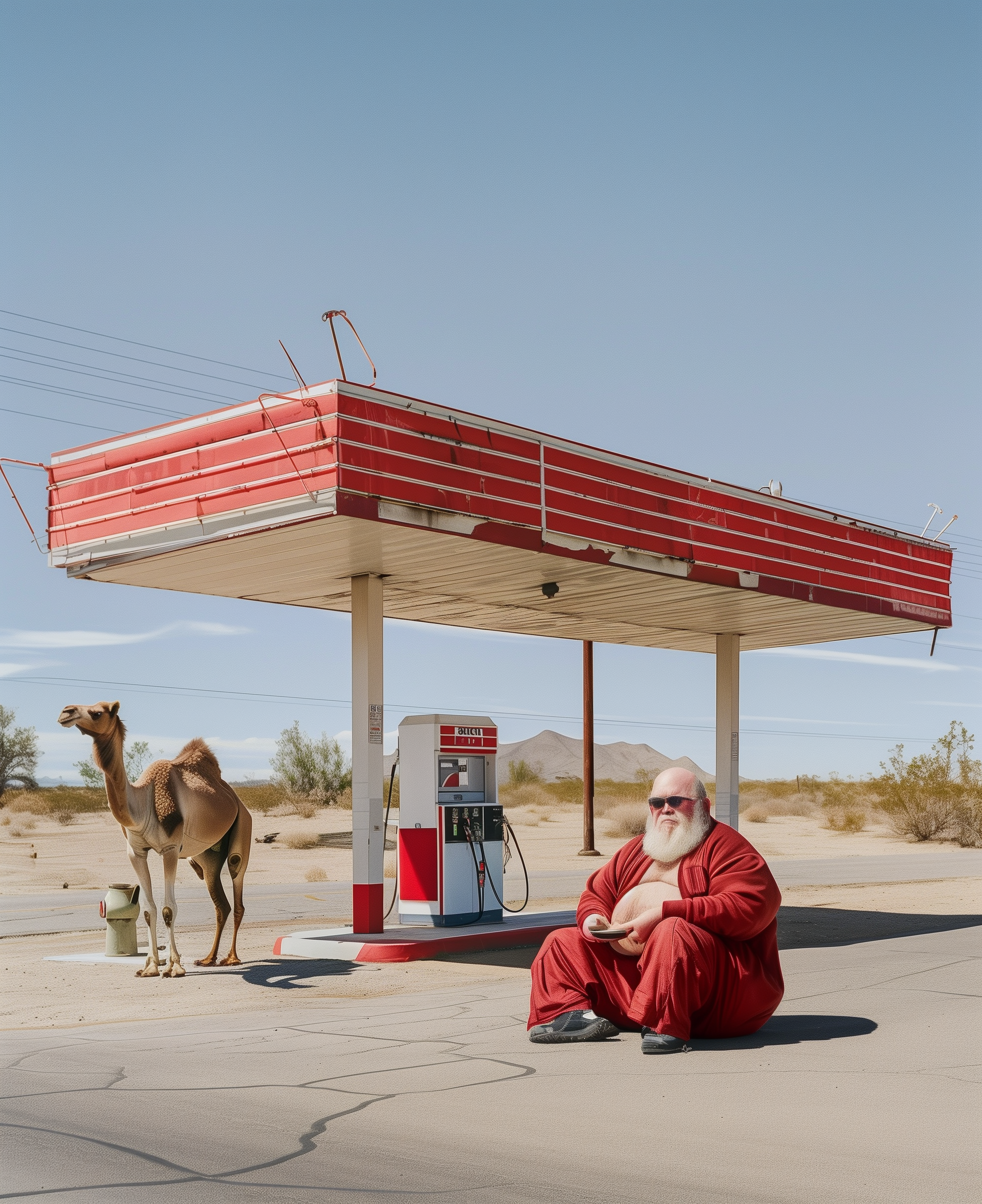 A man dressed as Santa Claus sitting on the ground in a desert, next to a camel and a gas station in the background.