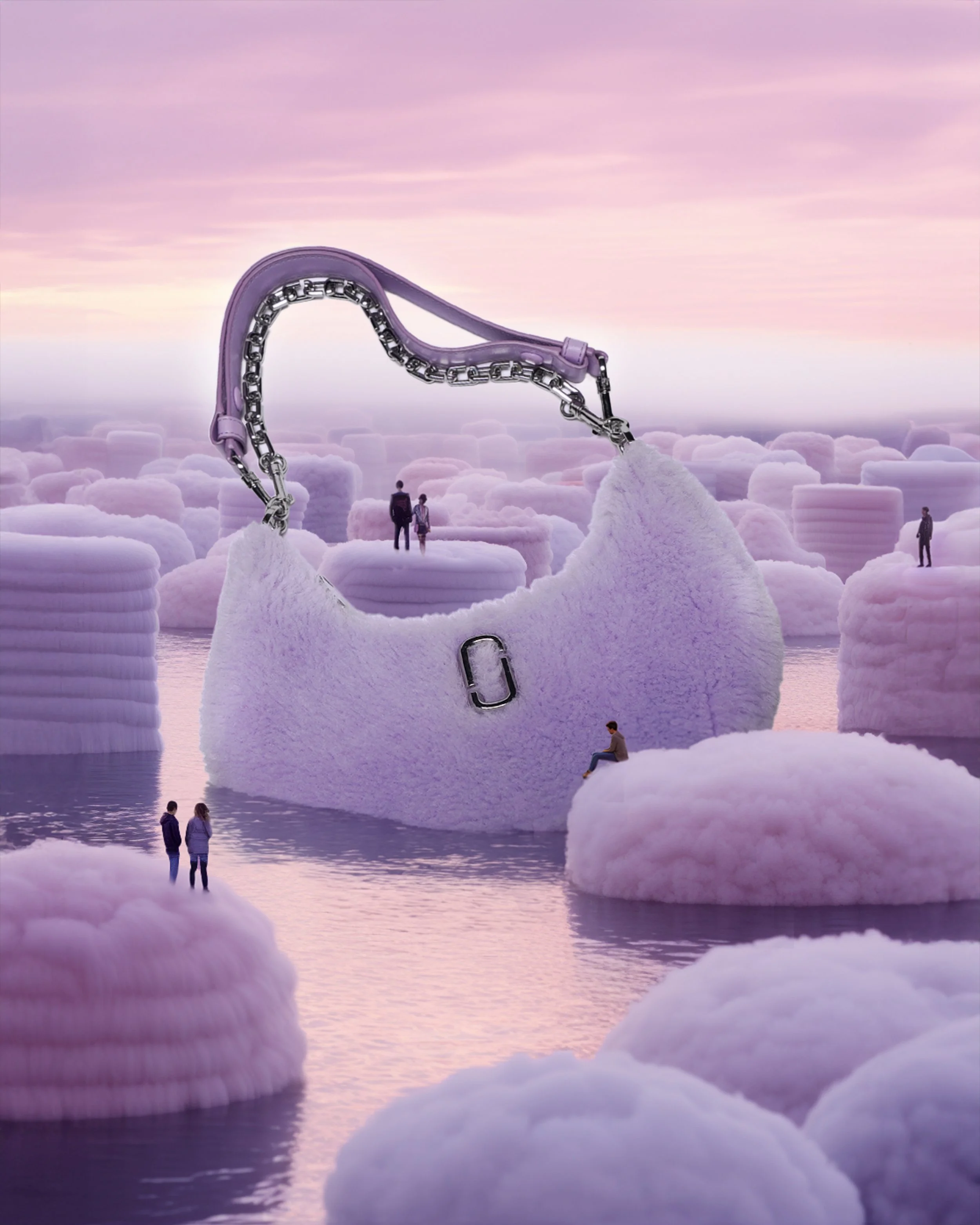A surreal scene of a fluffy, lavender-colored handbag with a chain strap, set among floating cotton candy-like marshmallow formations in a pastel pink and purple sky. Small people are depicted walking and sitting on the marshmallows, creating a whims