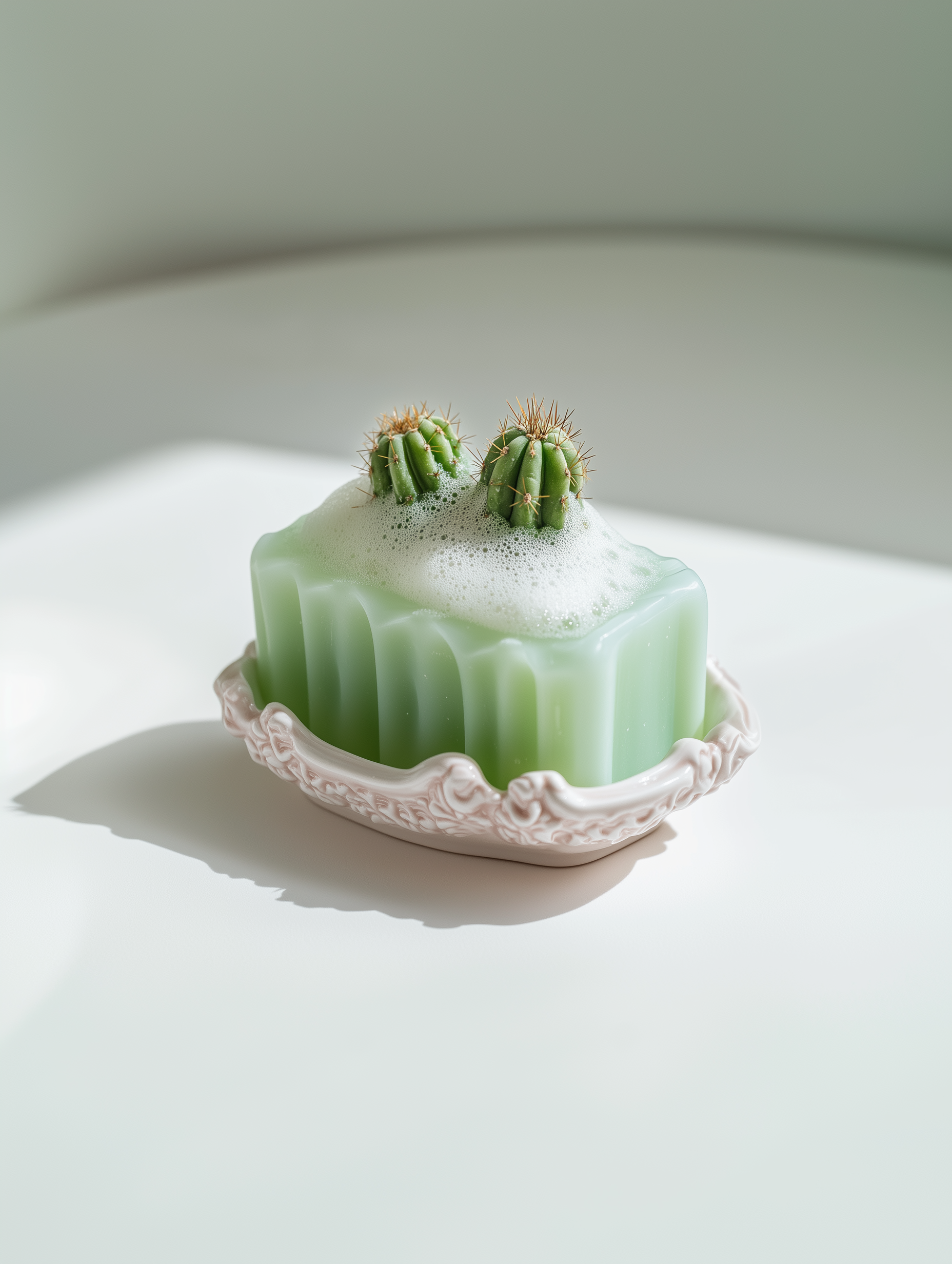 Green soap with foam, topped with two small cacti, on an ornate white dish, on a white surface with a light green background.