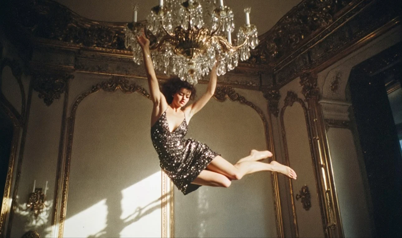 A woman in a sparkly dress jumping in a luxurious room with ornate gold decorations and a large chandelier.