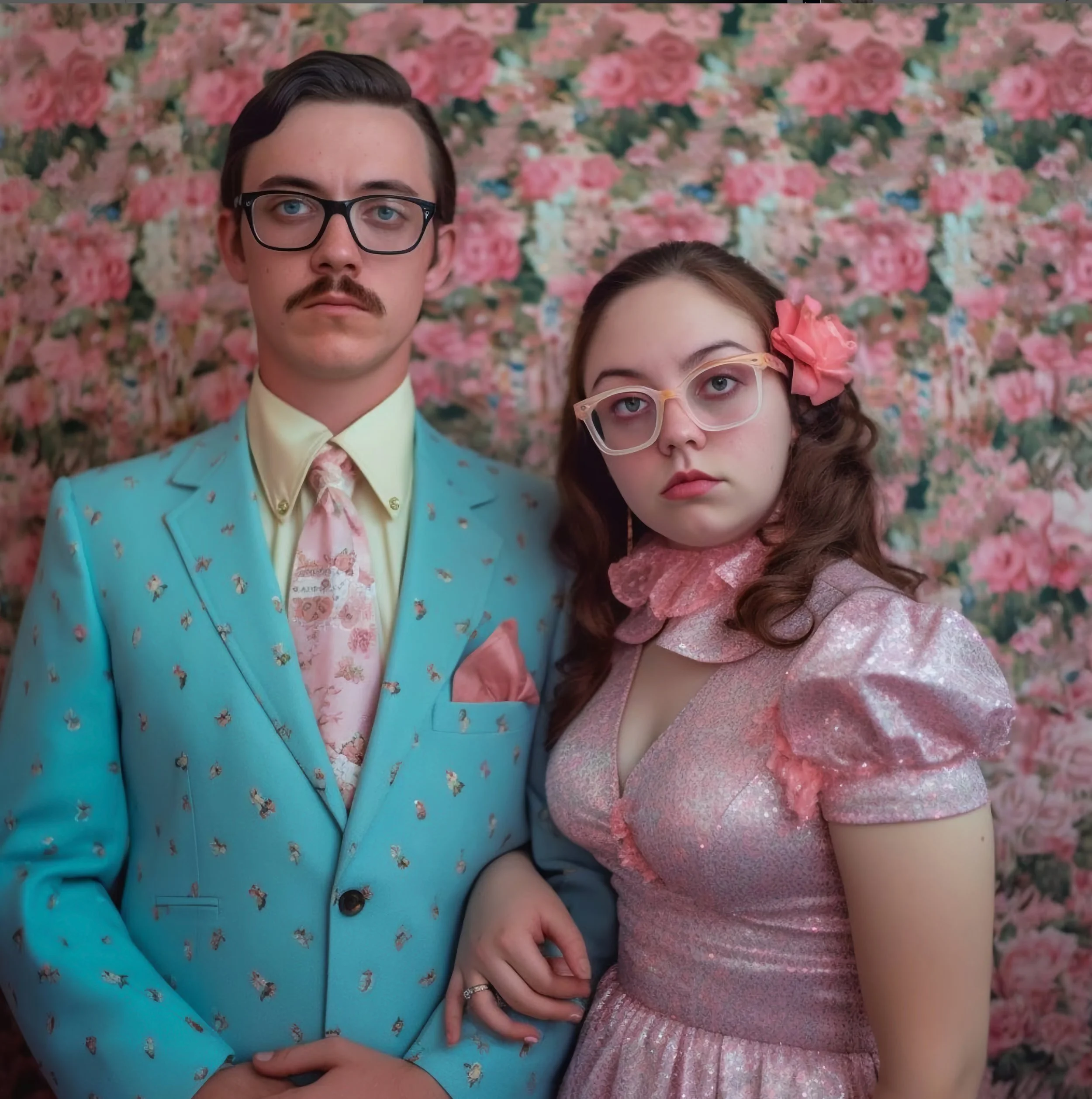 A man and a woman with glasses and vintage clothing standing in front of a pink floral background, posing with serious expressions.