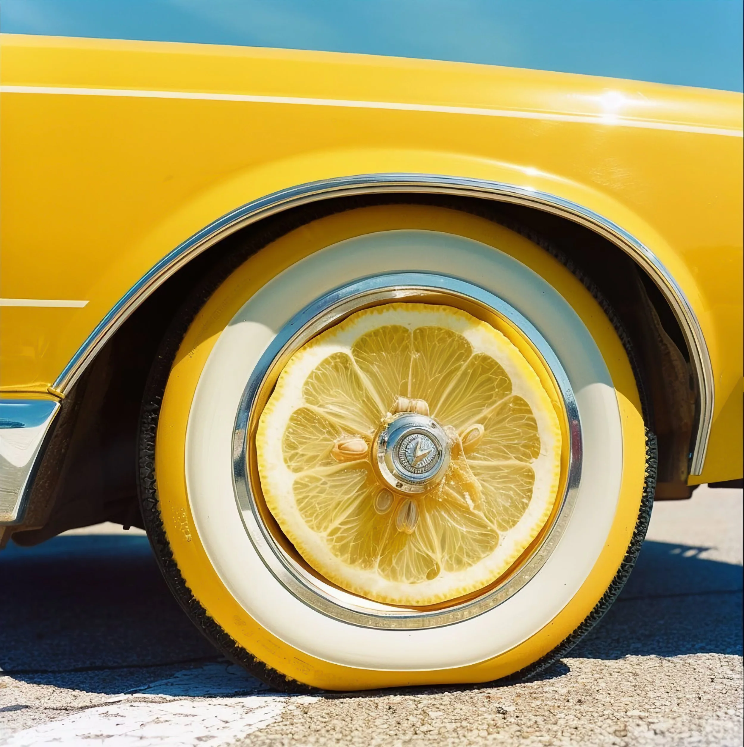The image shows a yellow vintage car with a rim decorated with a lemon slice on the hubcap, creating a bright and summery aesthetic.