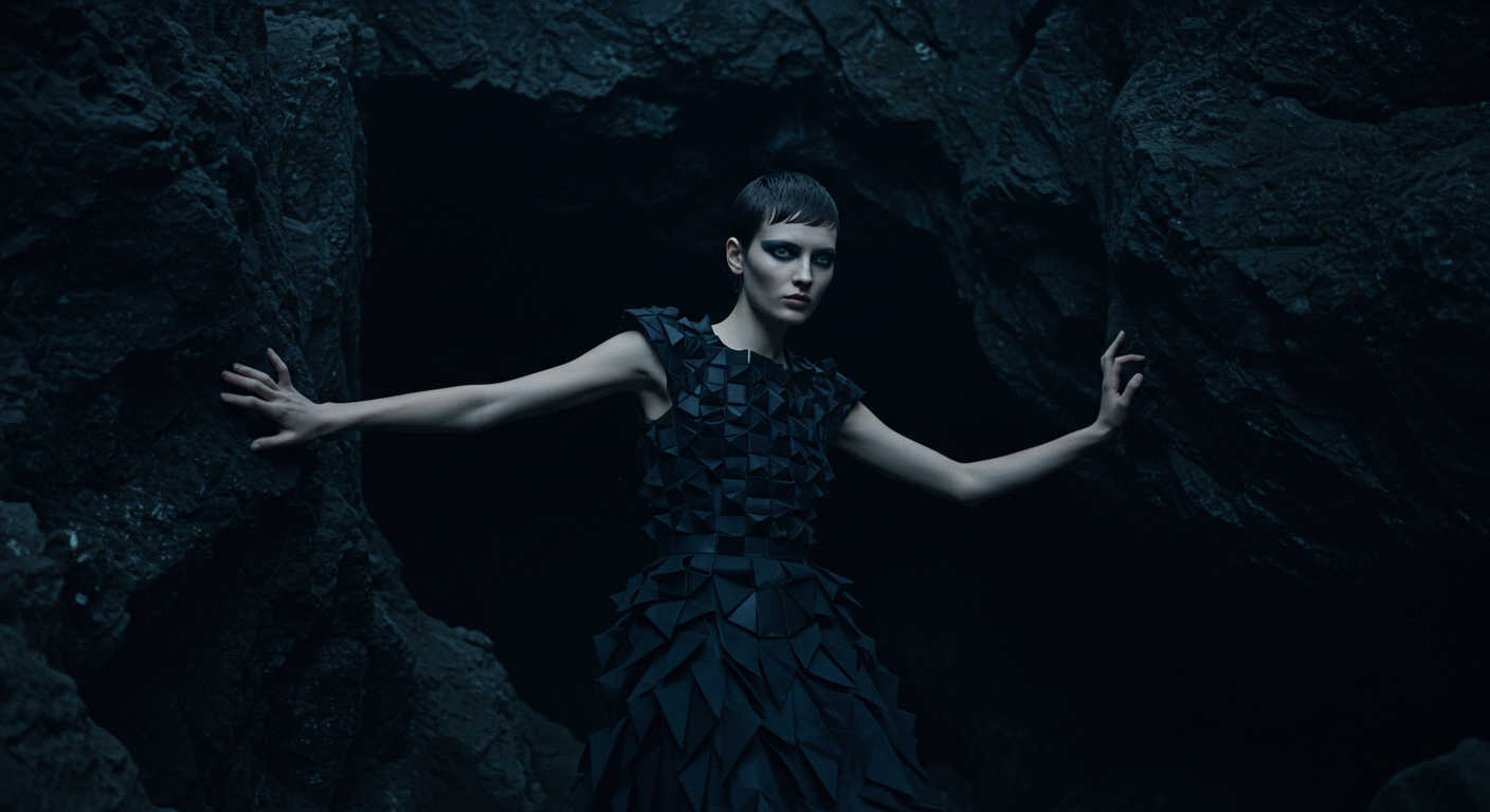 A woman with short dark hair and intense makeup, wearing a black textured dress, standing in a dark cave with rocky walls, posing with arms outstretched.