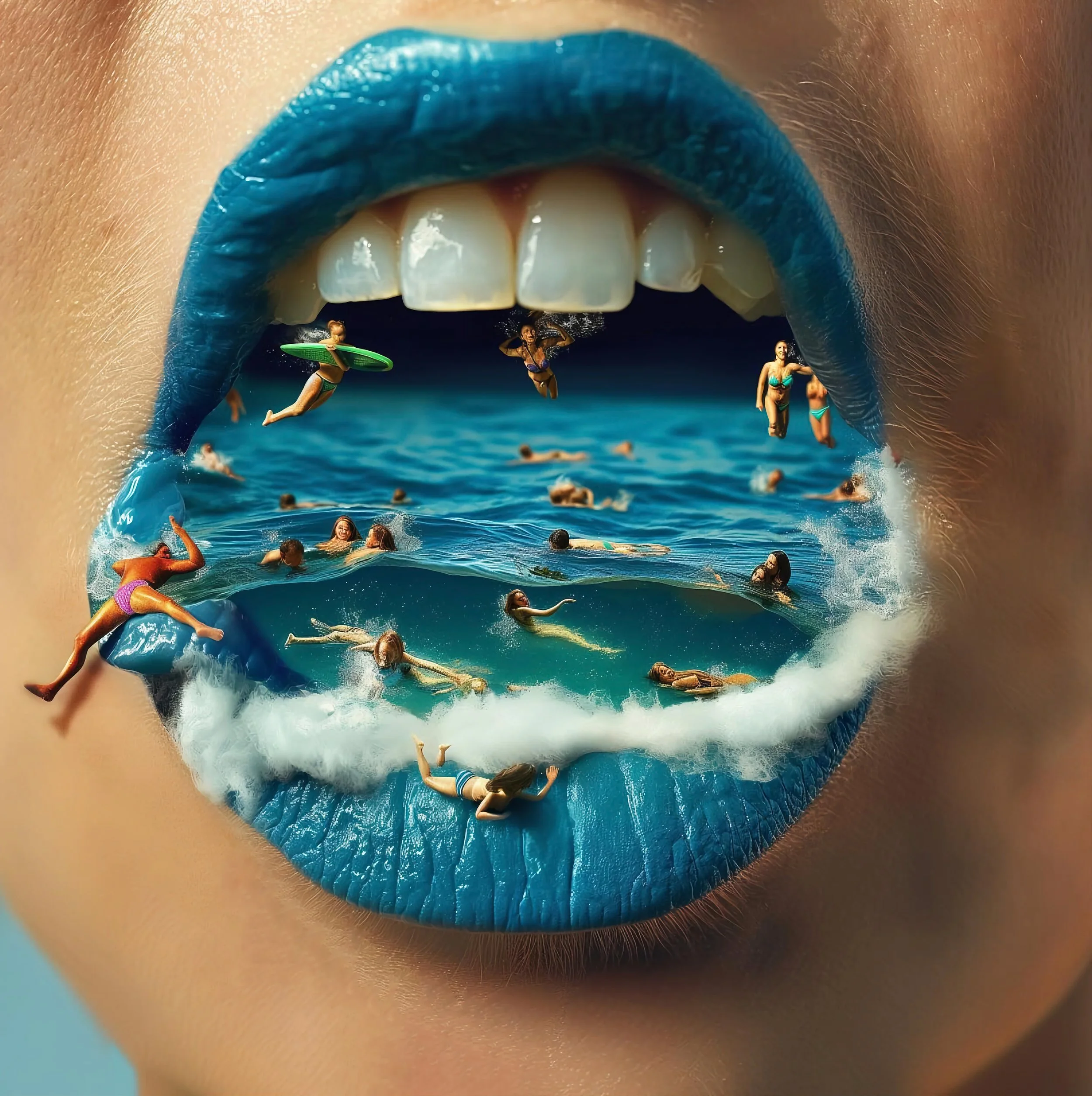 Close-up of a person's lips with blue lipstick, edited to show a beach scene with swimming people, surfers, and waves inside the mouth.