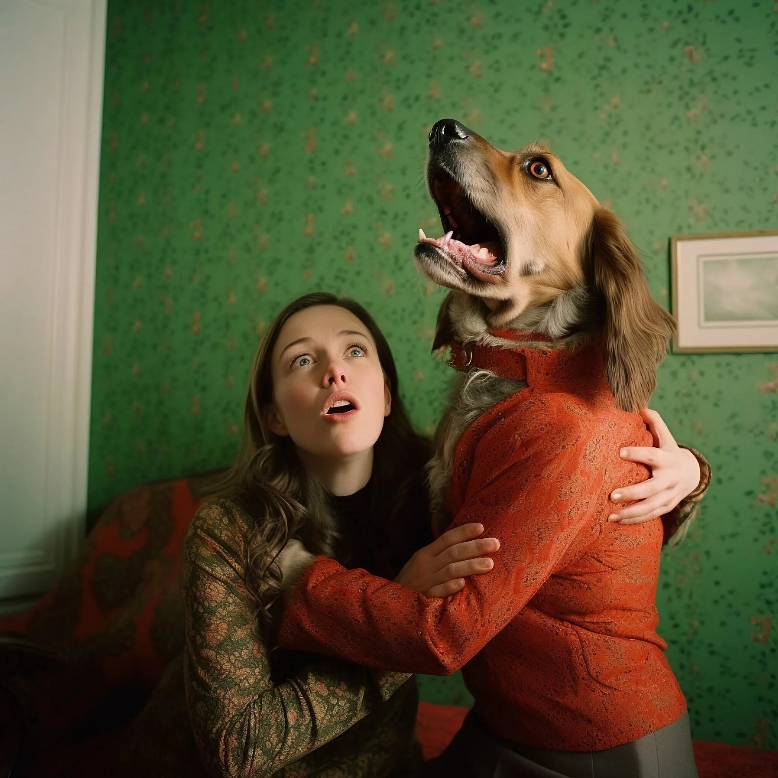 A woman with brown hair hugging a person wearing an orange jacket, holding a large brown dog with floppy ears in a room with green patterned wallpaper.