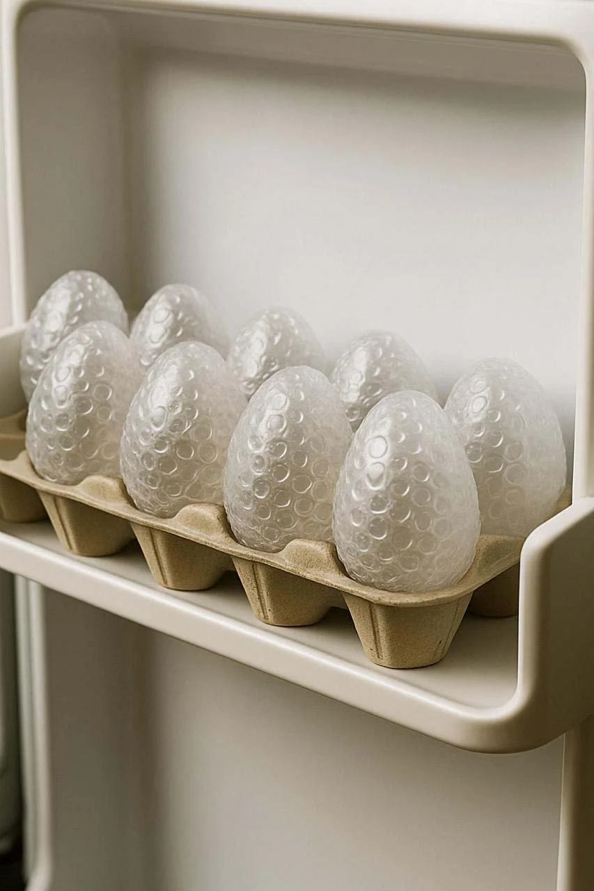 Nine empty plastic egg-shaped bubble wrapping pillows placed in a cardboard tray inside a refrigerator.