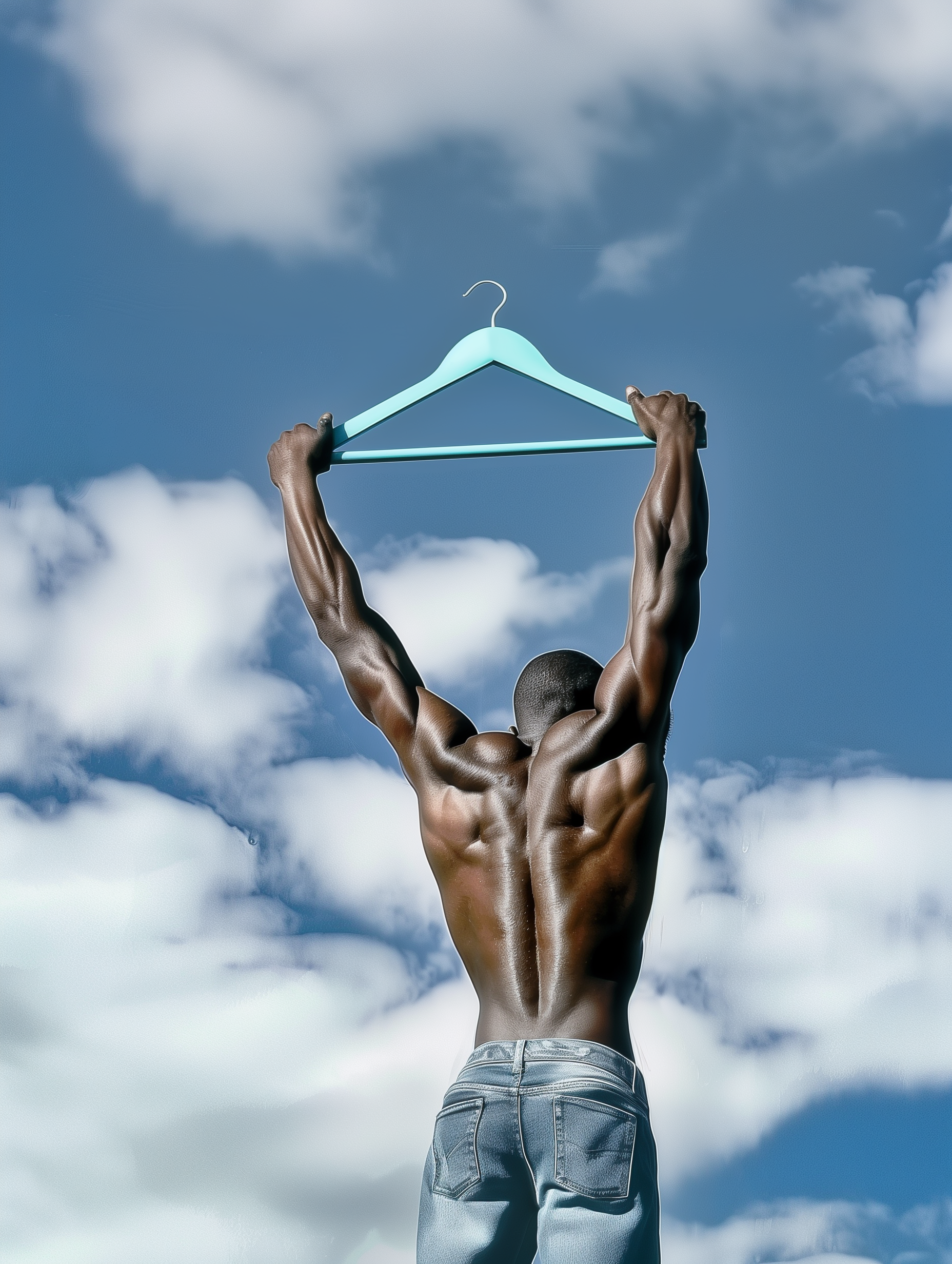 A muscular man with no shirt and jeans is holding up a light blue clothes hanger against a cloudy sky.
