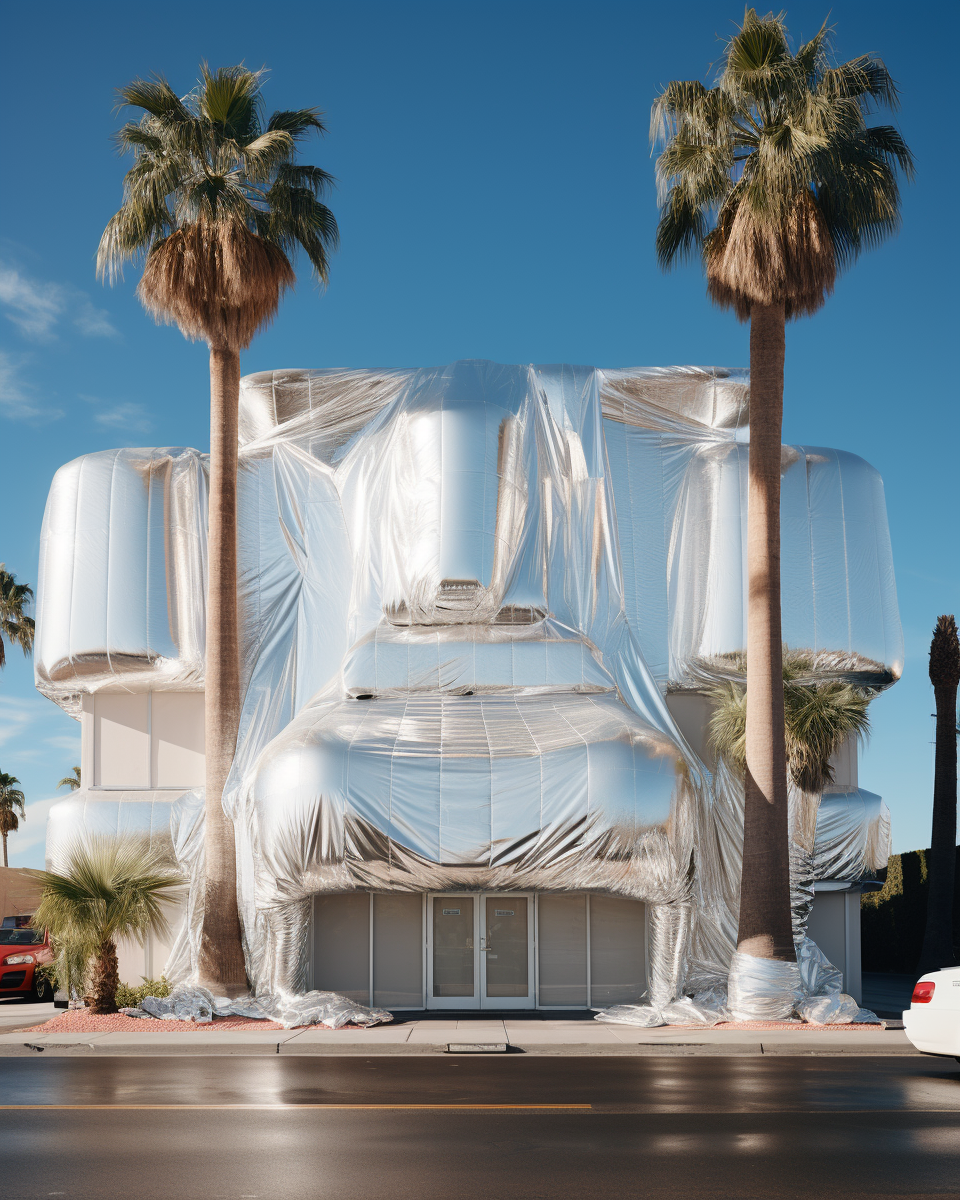 A modern building covered with reflective silver material, flanked by two tall palm trees, under a clear blue sky.