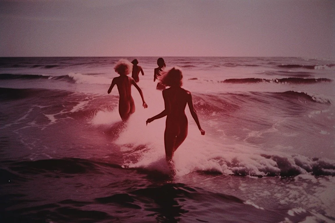 Three women with curly hair swimming in the ocean at sunset or sunrise.