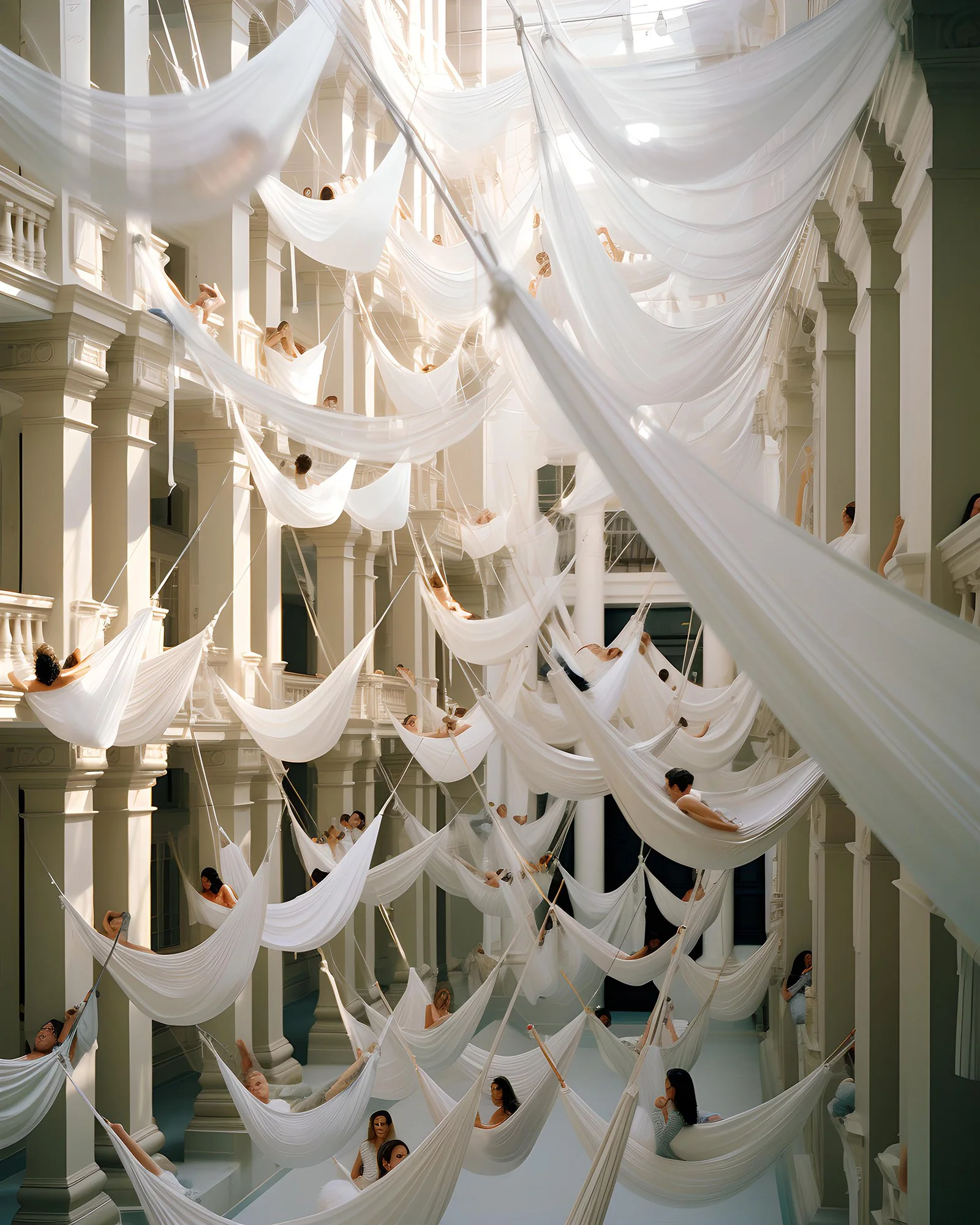 Many women in white hammocks suspended in a grand, multi-level white building with classical architectural details.