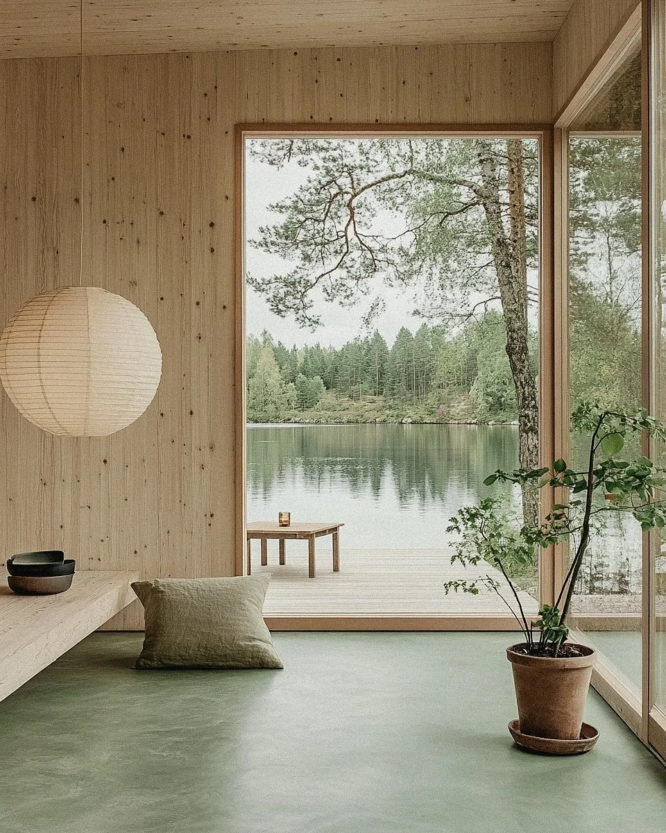 Interior of a minimalist room with wooden walls and a large glass window showing a lake and trees outside. There is a paper lantern on the left, a cushion on the floor, a potted plant on the right, and a small table on the deck outside.