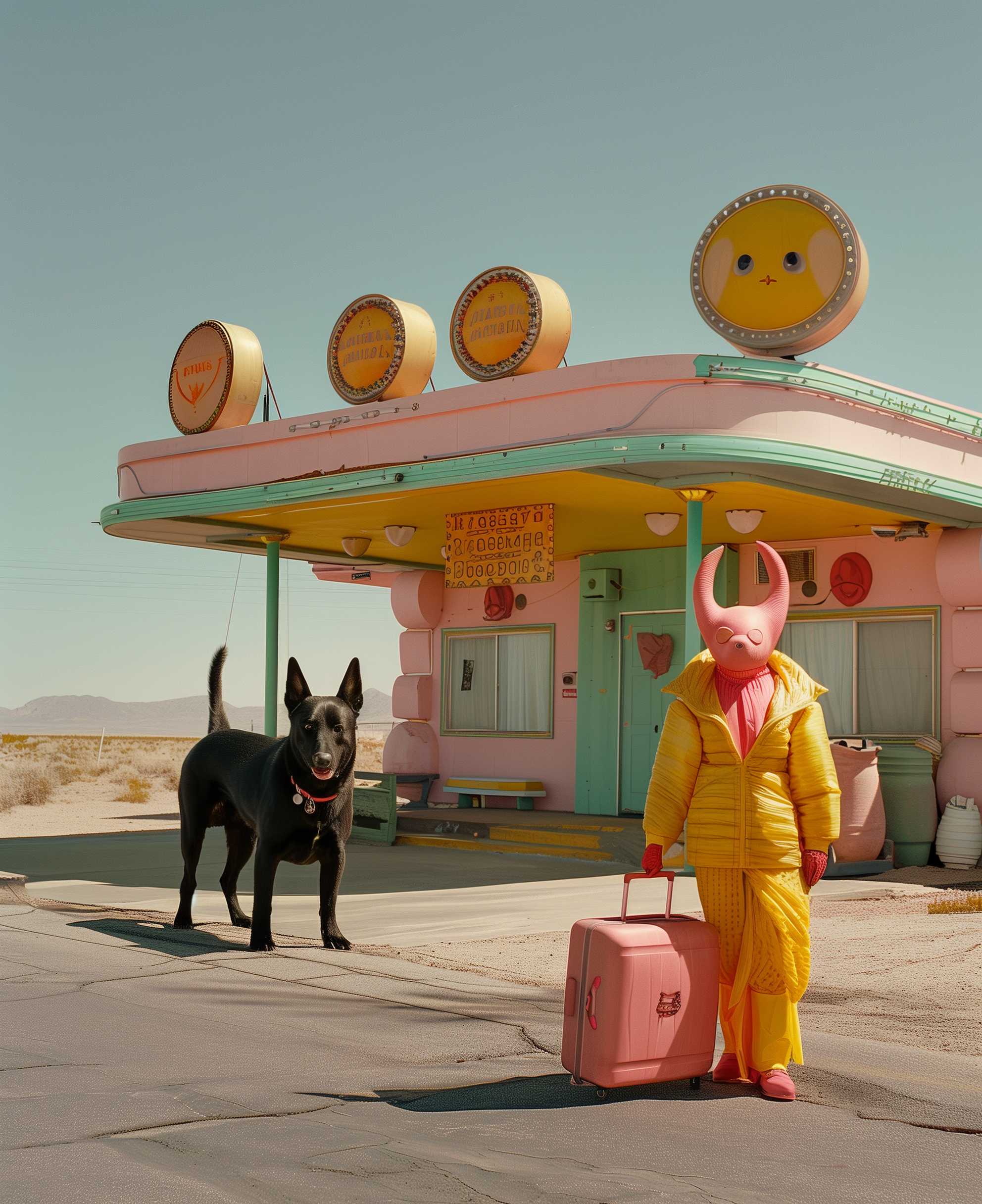 A person wearing a pink mask with animal-like ears, a yellow jacket, and yellow pants, standing with a pink suitcase outside a pastel-colored building with a dog nearby, in a desert landscape.