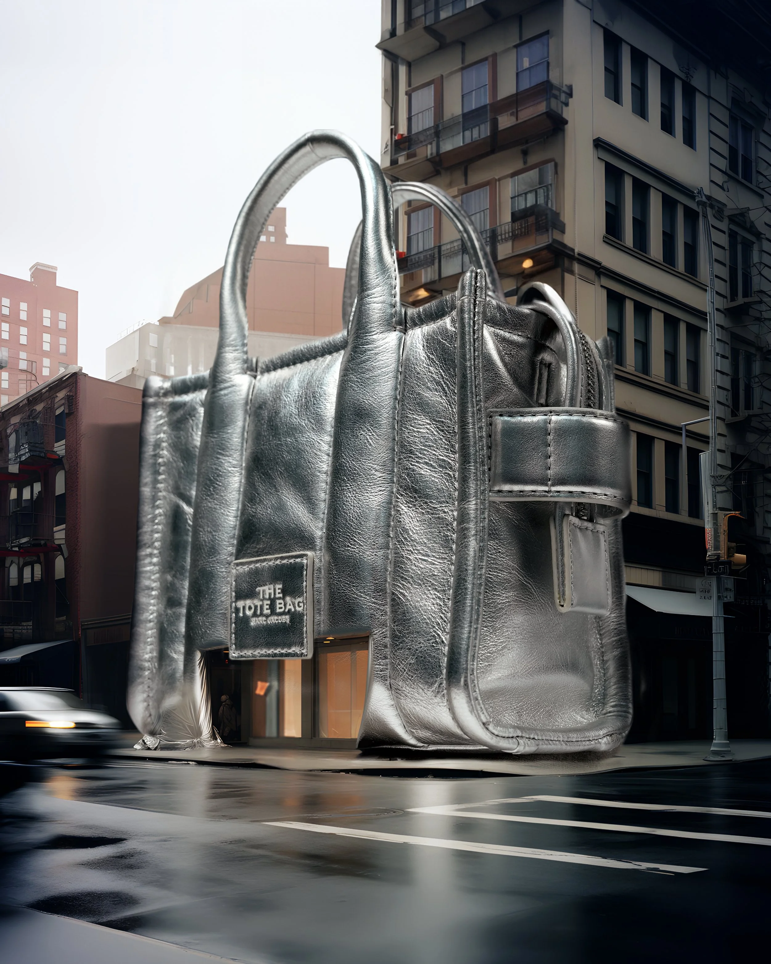 A giant metallic silver tote bag on a city street, with buildings and cars in the background.