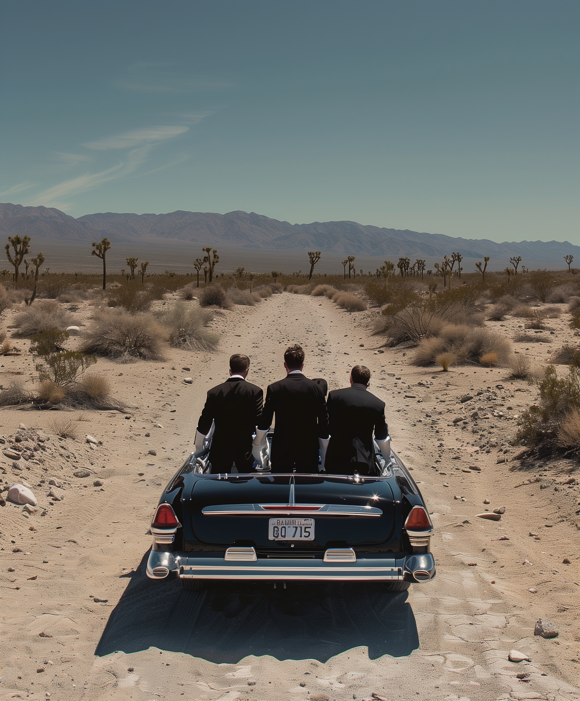 Three men in suits sitting in the back of a vintage black car parked on a desert road with Joshua trees and mountains in the background.