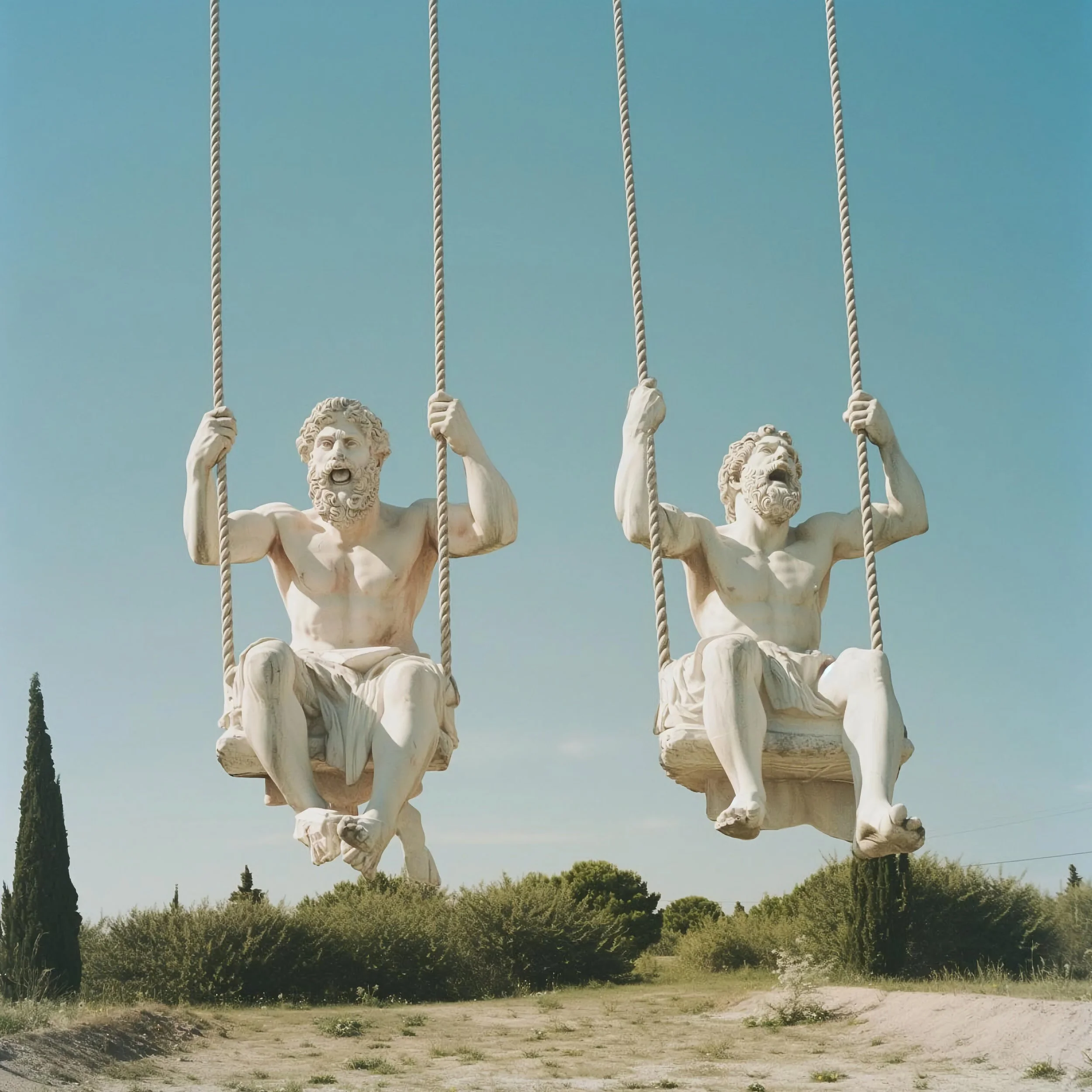Two large stone statues of men with beards swinging on swings outdoors, with a clear blue sky and trees in the background.