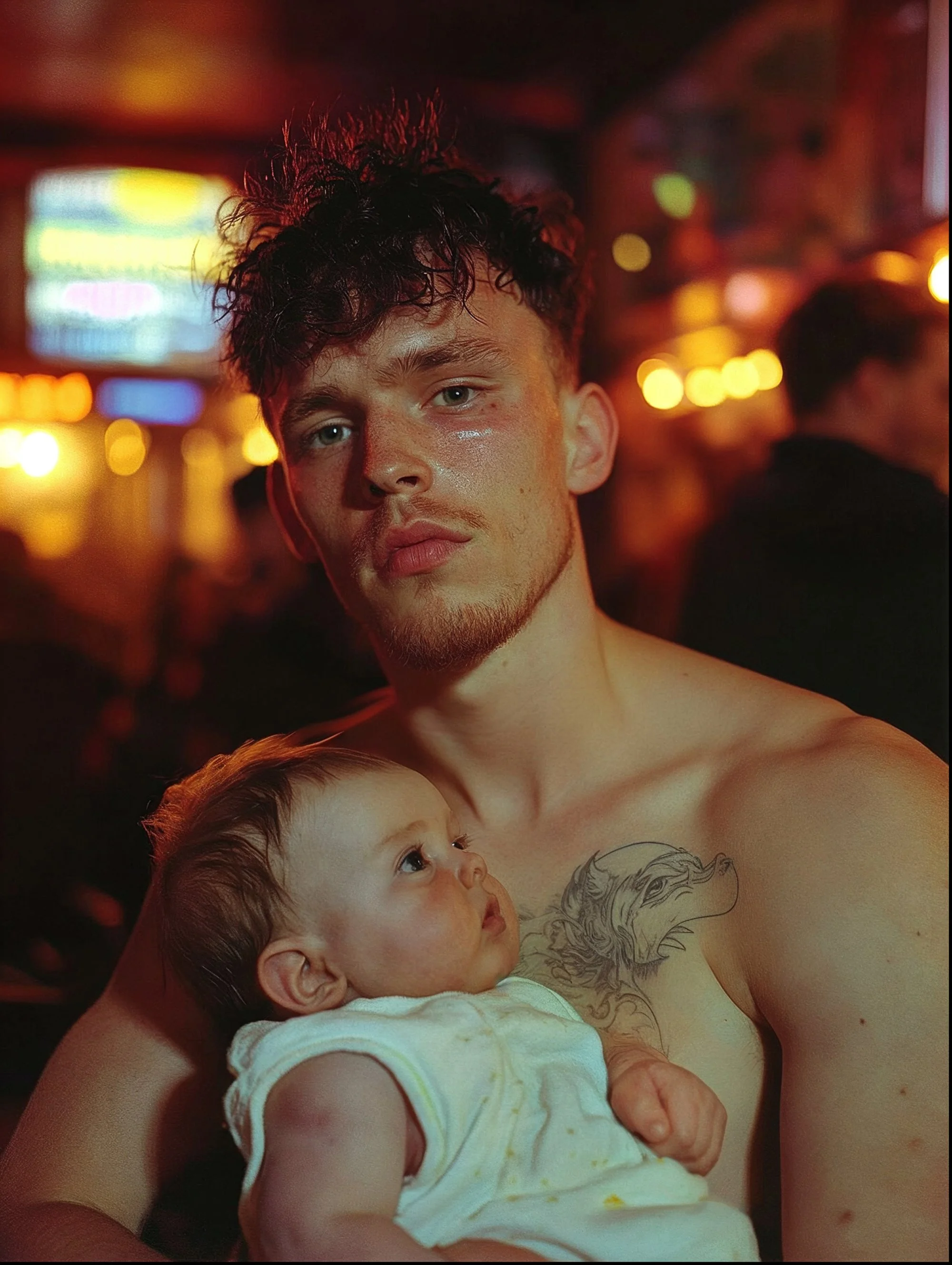 A young man with curly dark hair and a beard holding a baby in a dimly lit venue with warm orange and yellow lights in the background.