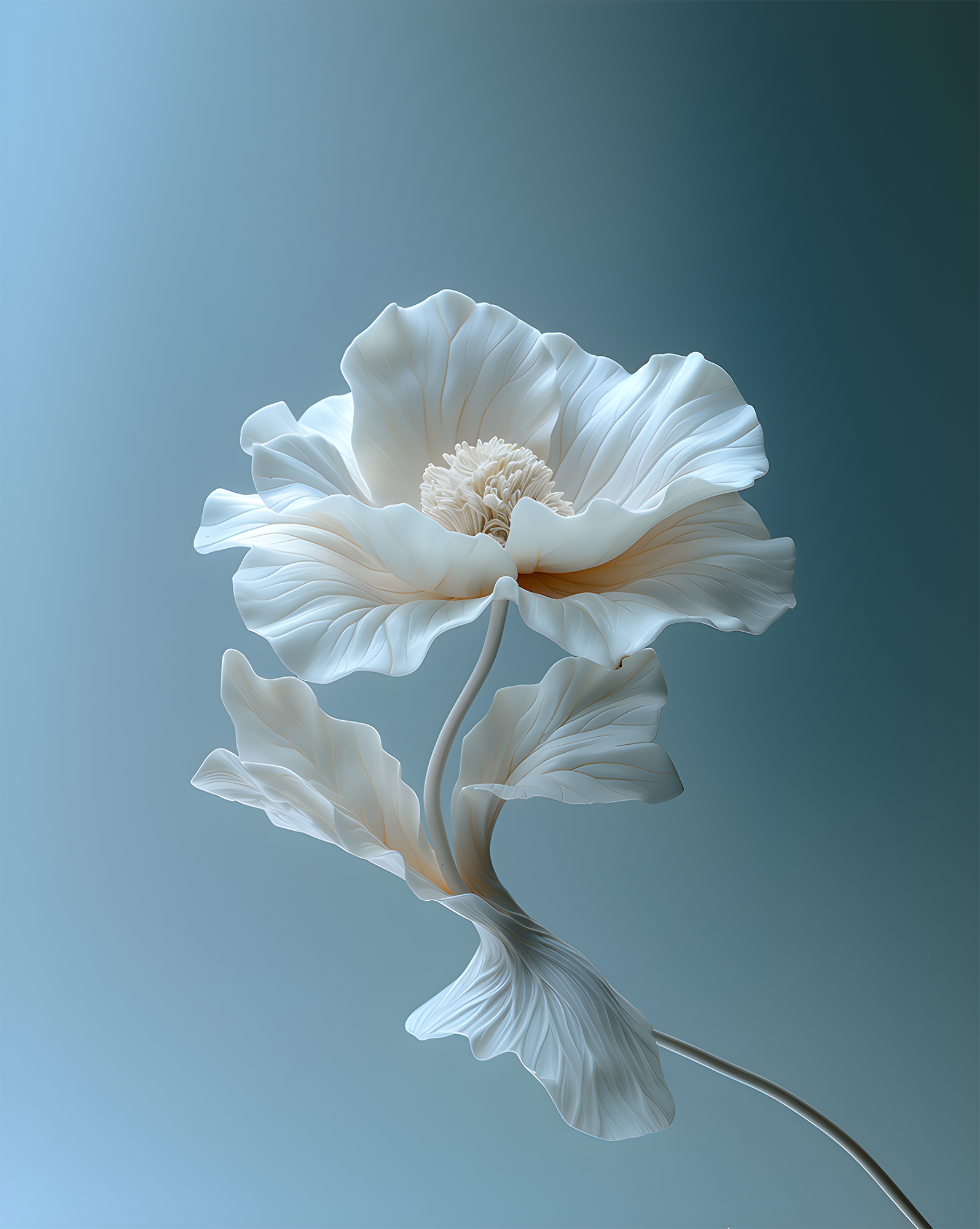 A white detailed flower with large petals and a textured center against a soft blue-green background.