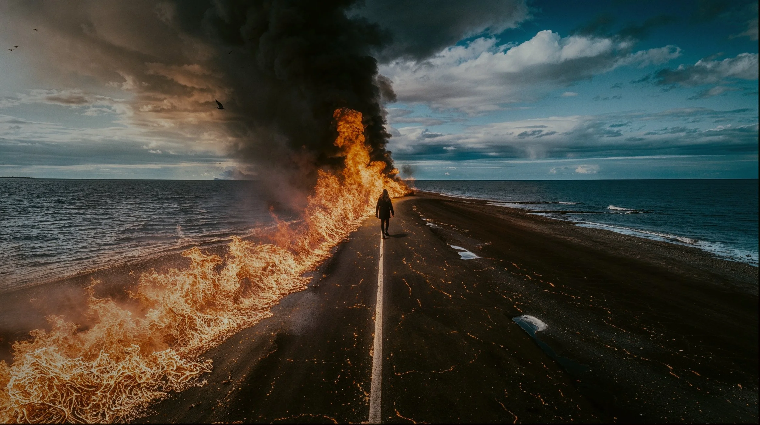 A person walking on a road alongside the ocean with fire and smoke raging on the side, and dark stormy clouds in the sky.