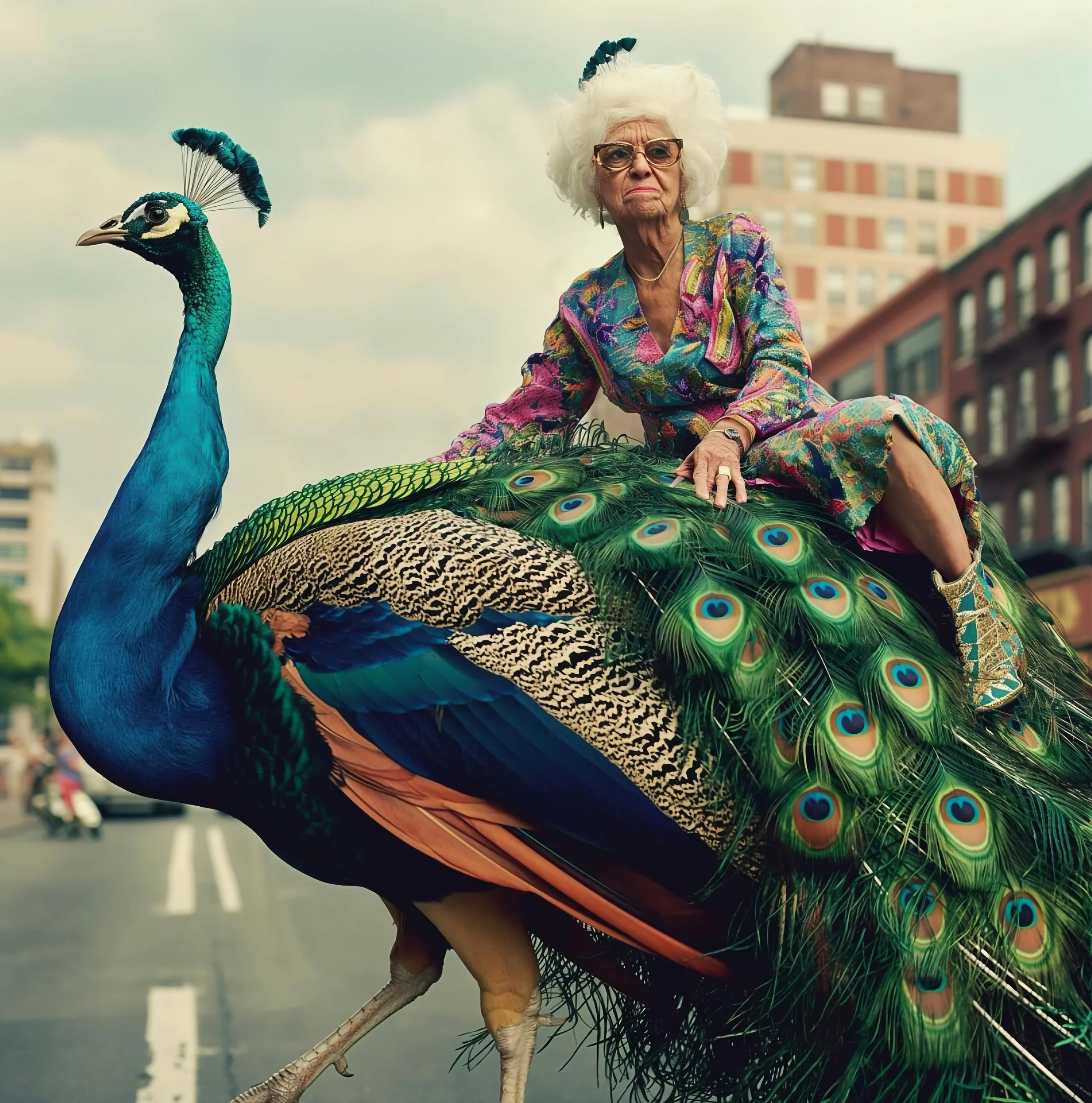 An elderly woman dressed in colorful clothing riding a large peacock statue in an urban area.