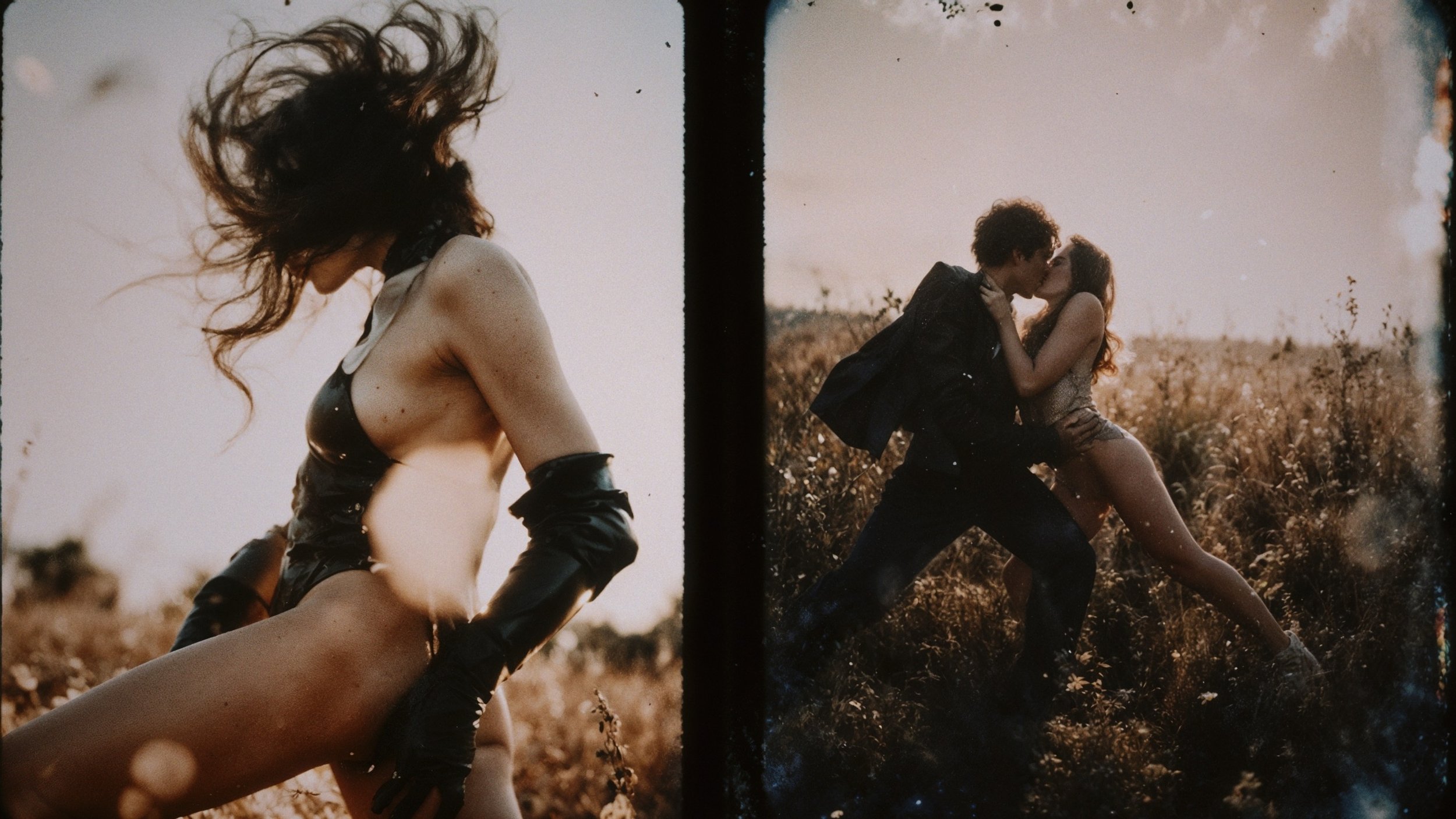 Two women and one man outdoors in a field during sunset, engaging in a passionate kiss, with blonde women dressed in revealing outfits and a man in a black suit