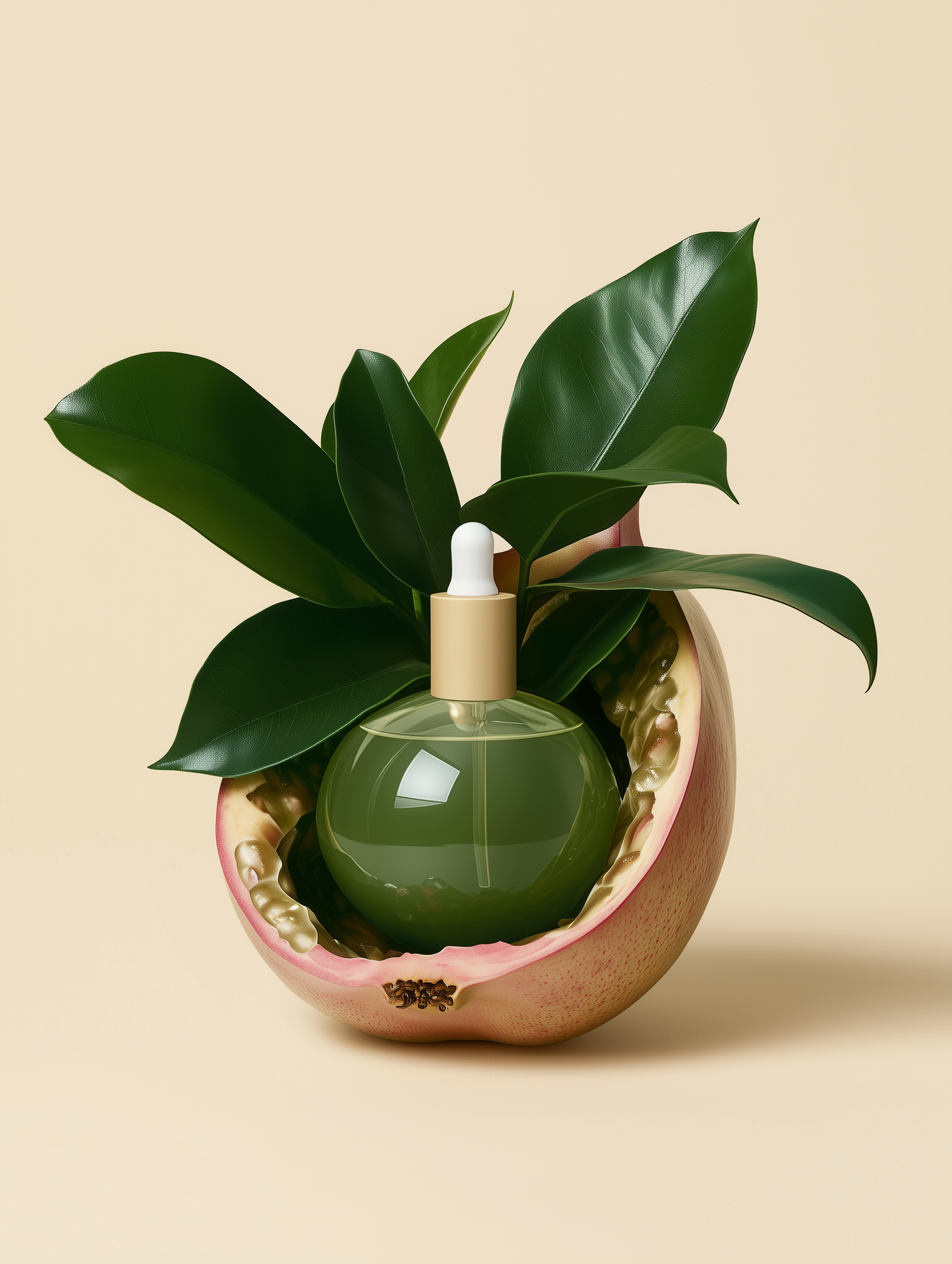 A green glass bottle with a dropper cap inside a halved pomegranate, surrounded by green leaves on a plain beige background.