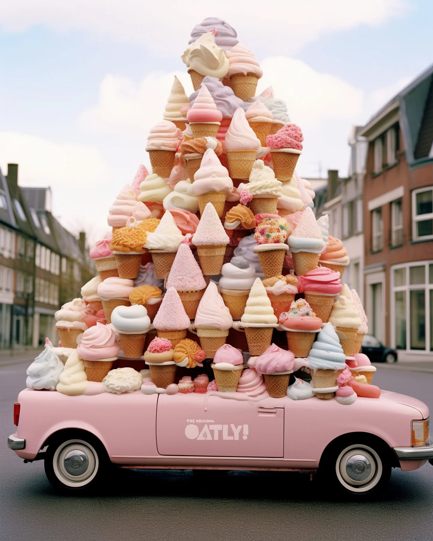 A pink vintage car with a large pyramid of colorful ice cream cones on top, parked on a city street.