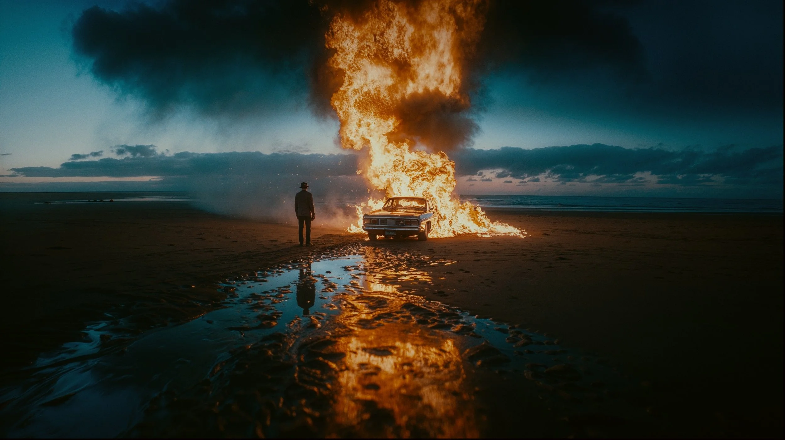 A person in a hat standing on a beach at sunset, watching a car engulfed in flames with fire and smoke rising up, and water reflecting the fire on the wet sand.
