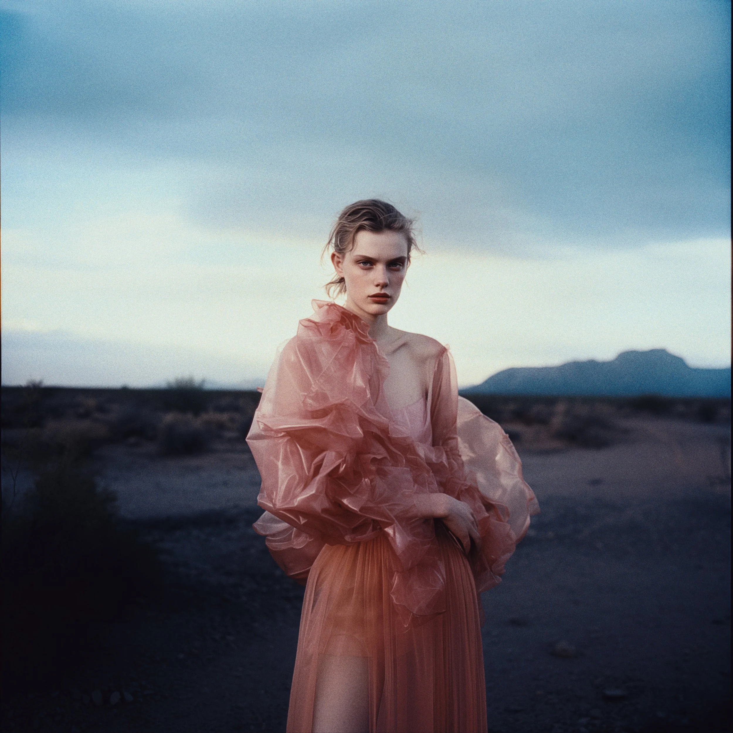 A woman wearing a sheer pink dress with puffy sleeves standing in a desert landscape during dusk or dawn with mountains in the background.