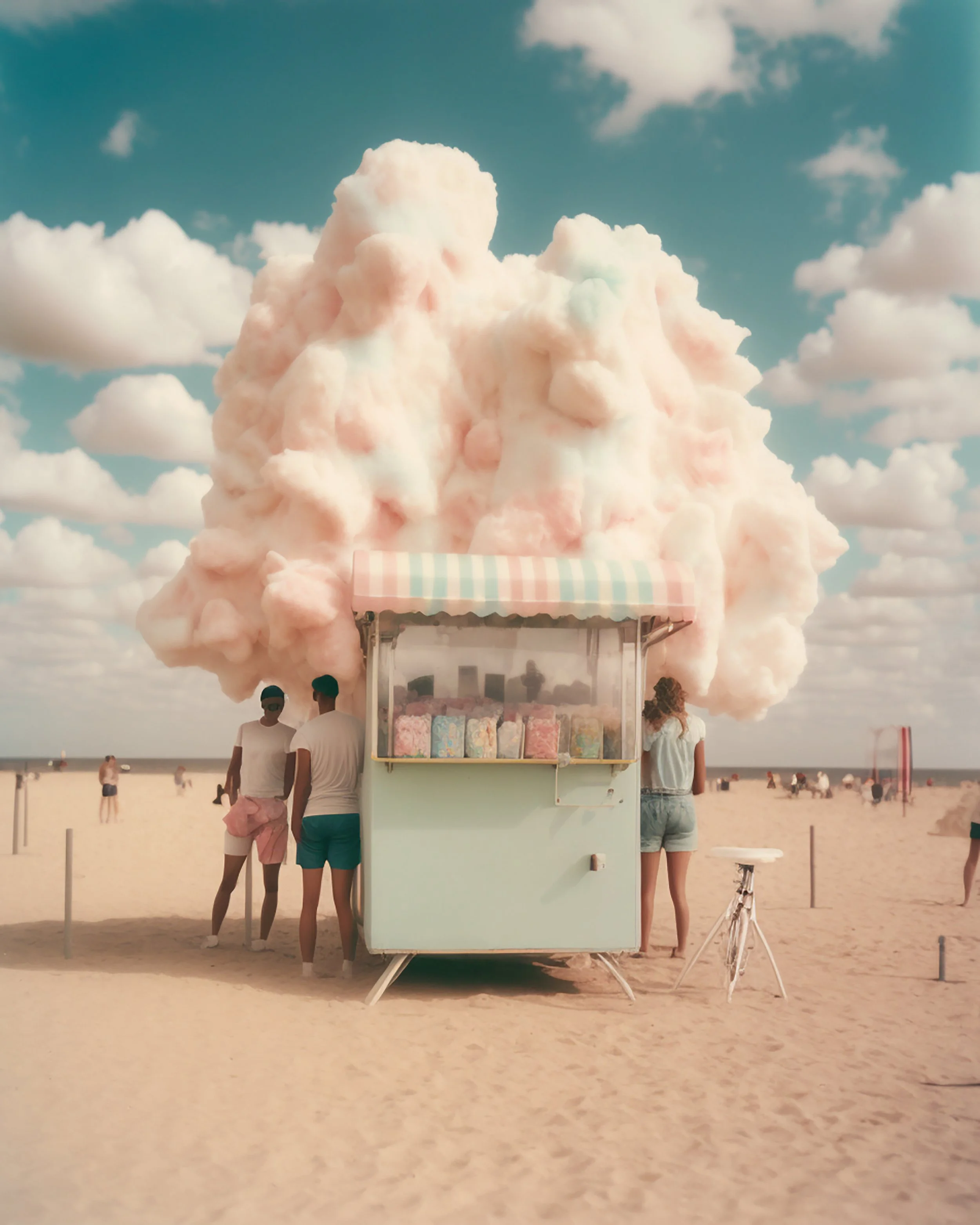 A pastel-colored cotton candy stand on a beach with fragmented cotton candy shaped like a cloud in the background, and people standing nearby.