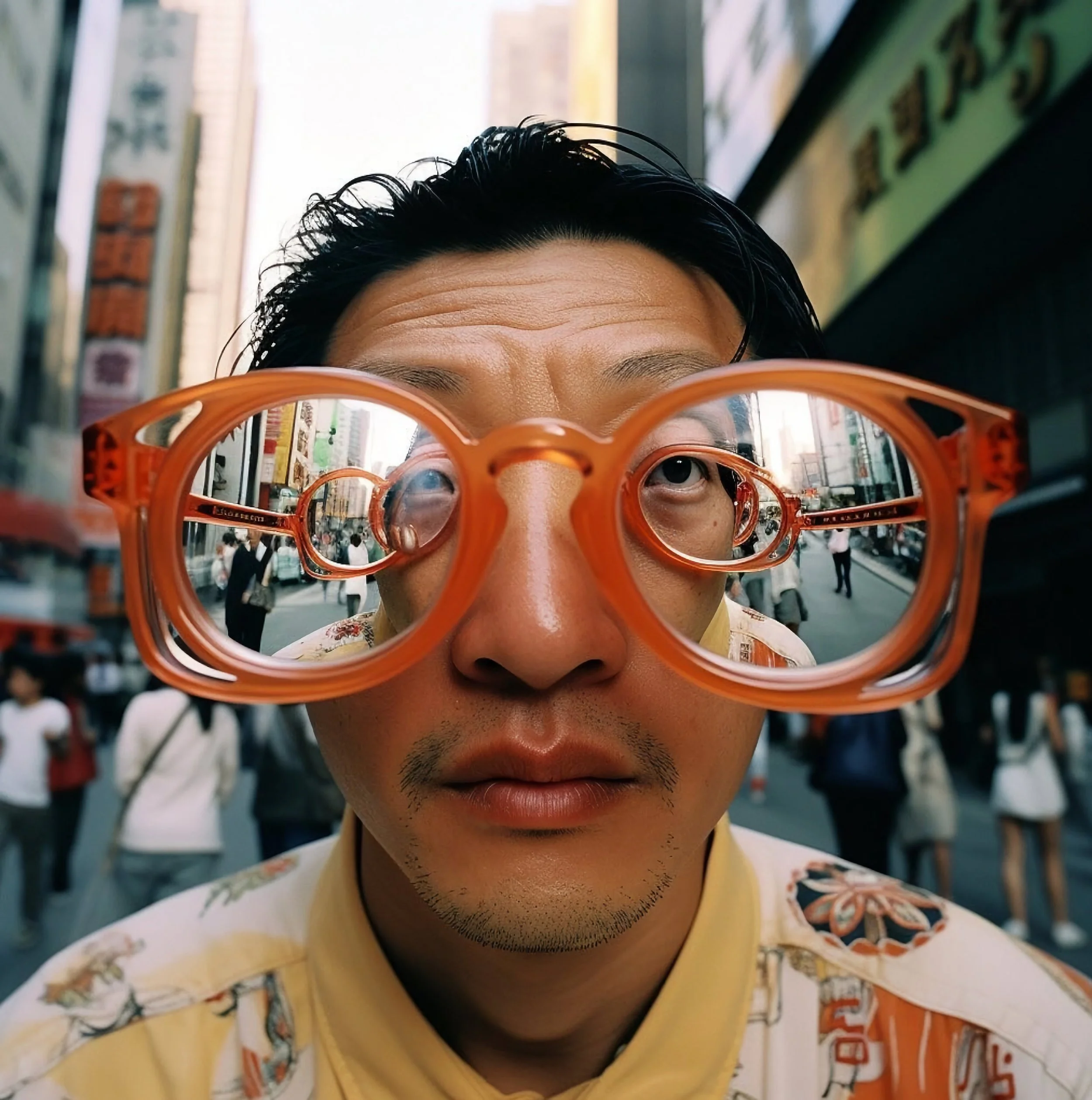 Close-up of a person with black hair wearing oversized orange glasses, with a city street and pedestrians reflected in the glasses, and tall buildings in the background.