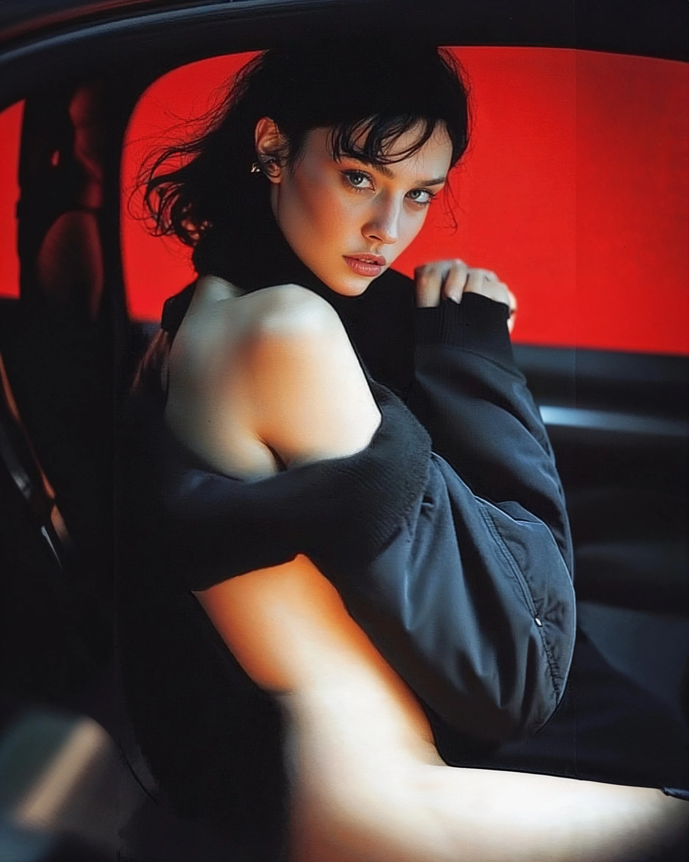 A woman with dark hair and makeup sitting in a car with a red background, wearing a black jacket and a black top.