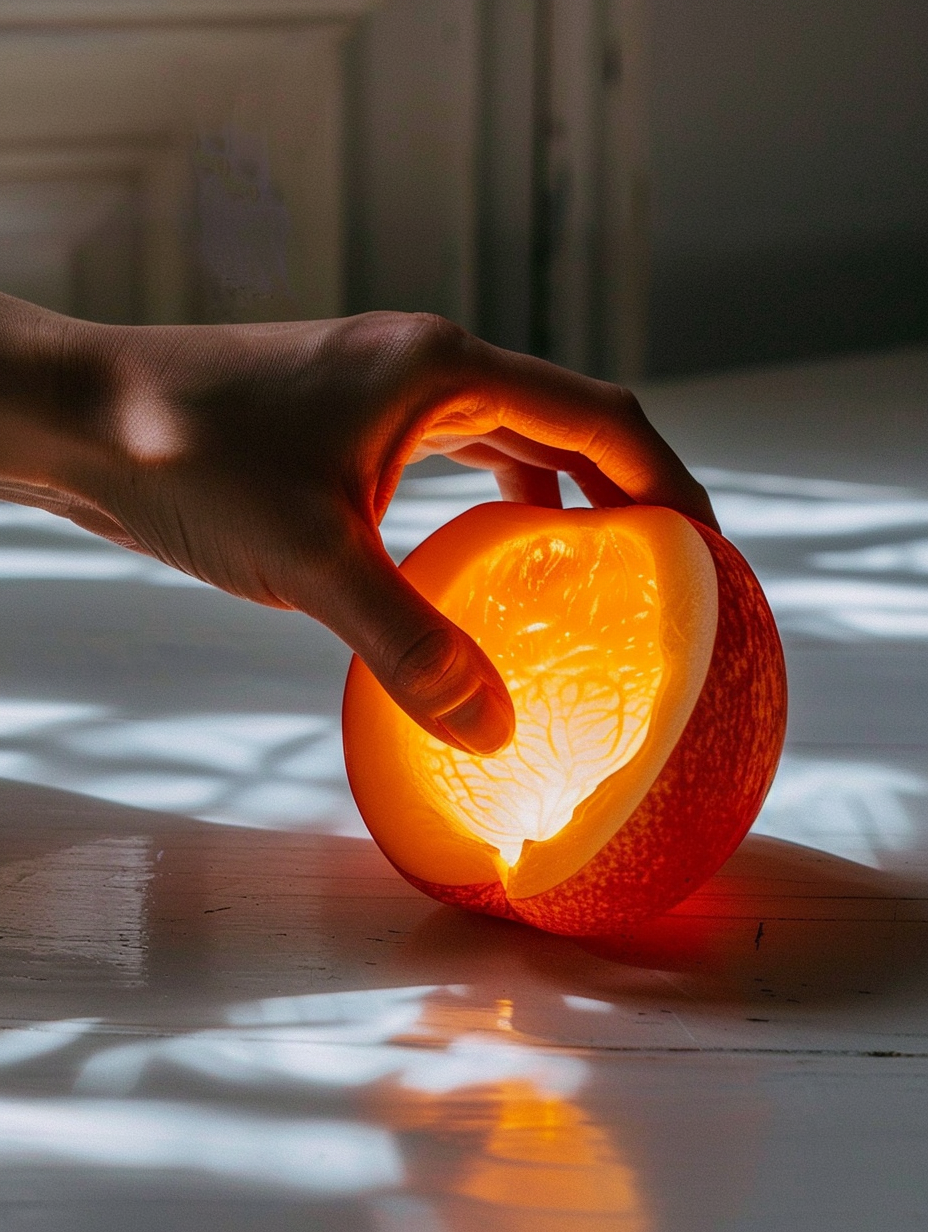 A hand holding a peeled apple that is lit from inside, glowing with an orange light, on a reflective surface.