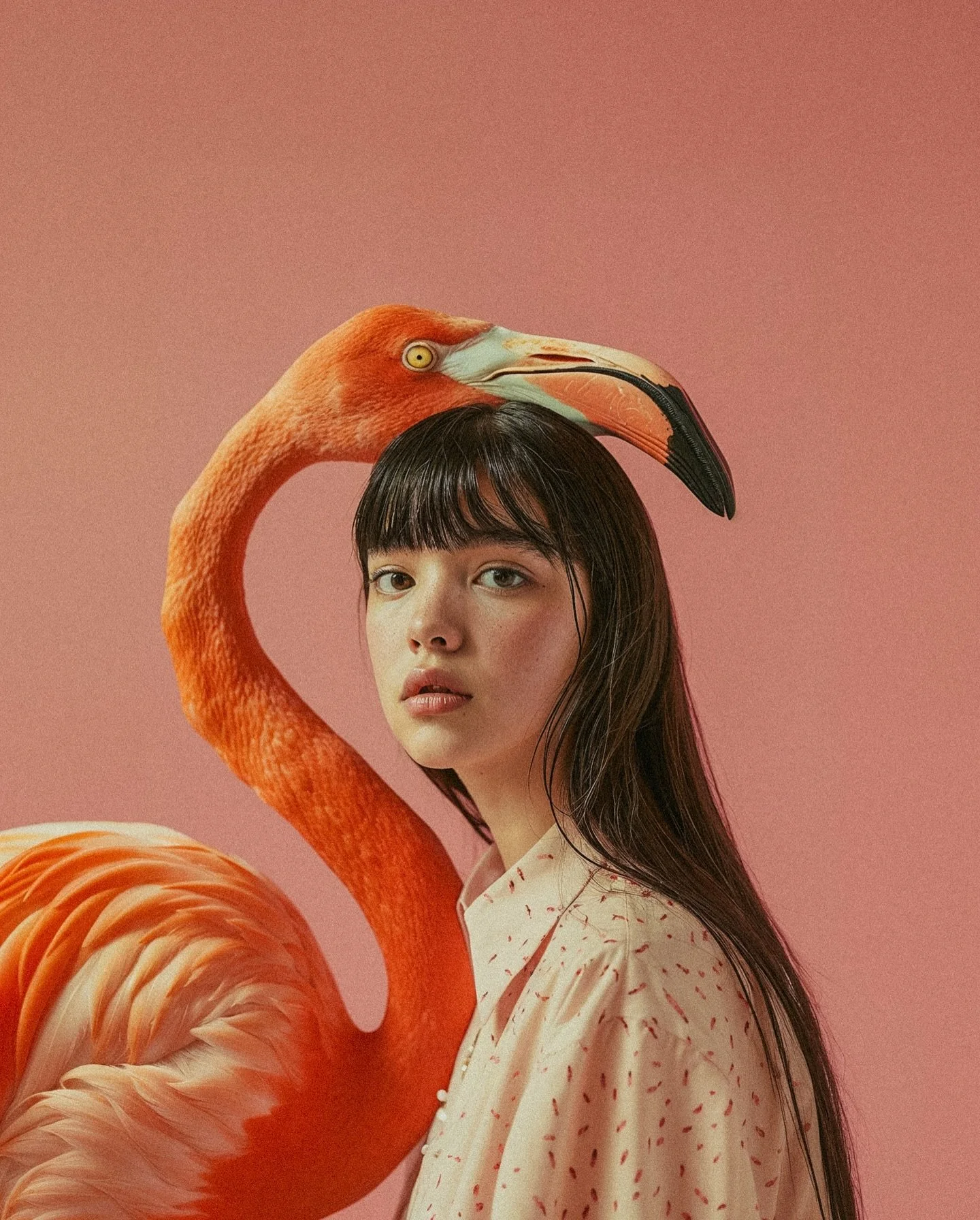 A woman with long dark hair and bangs standing beside a large illustrated flamingo with its head perched on her head, against a pink background.