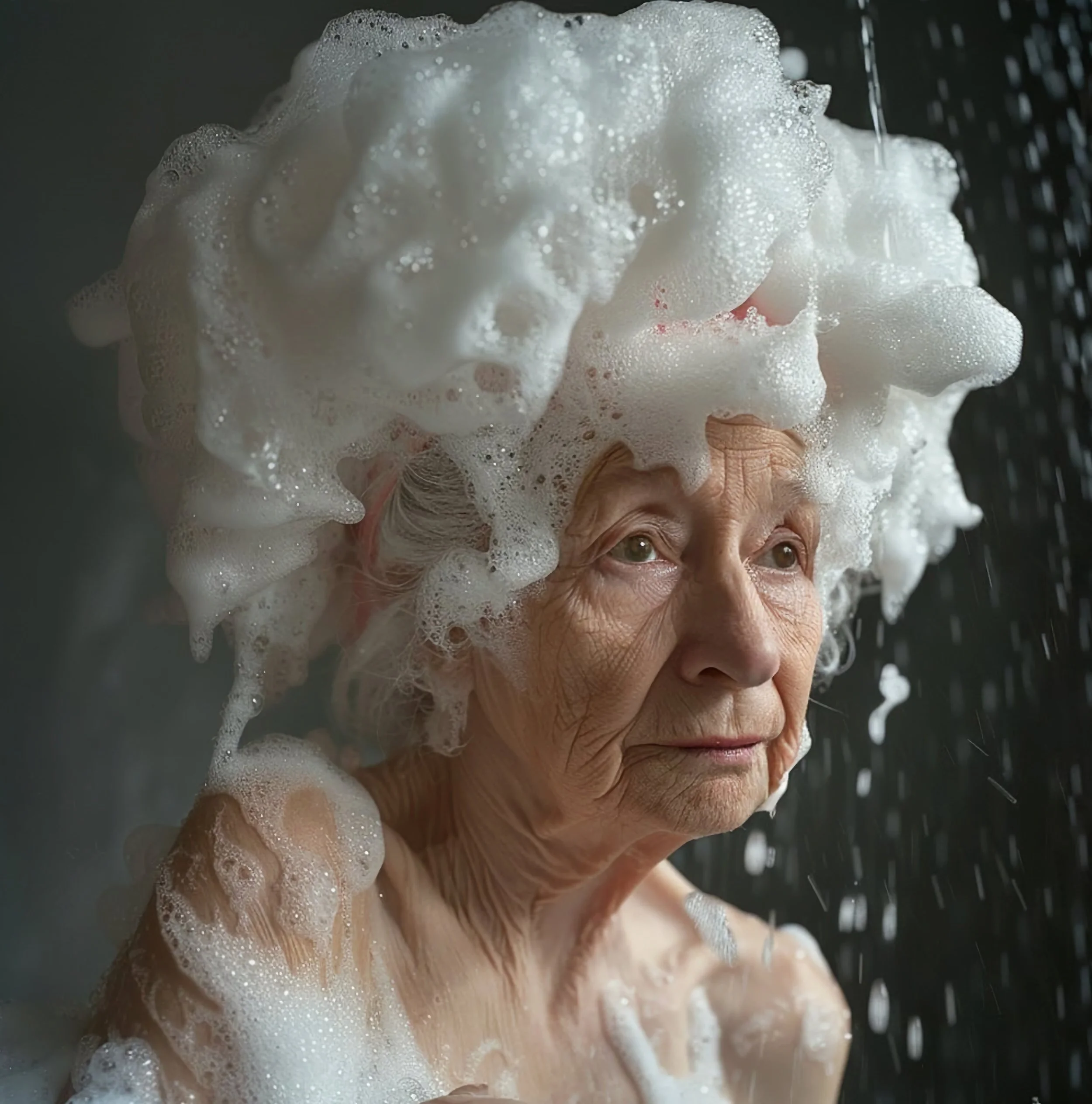 An elderly woman taking a shower, with her head surrounded by soap suds and foam, against a dark background.