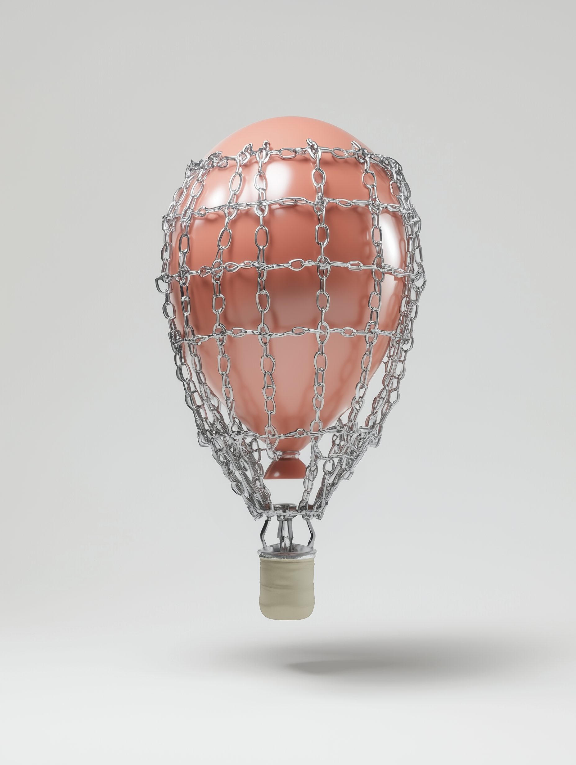 A hot air balloon with a pink envelope covered by a metallic chain cage.