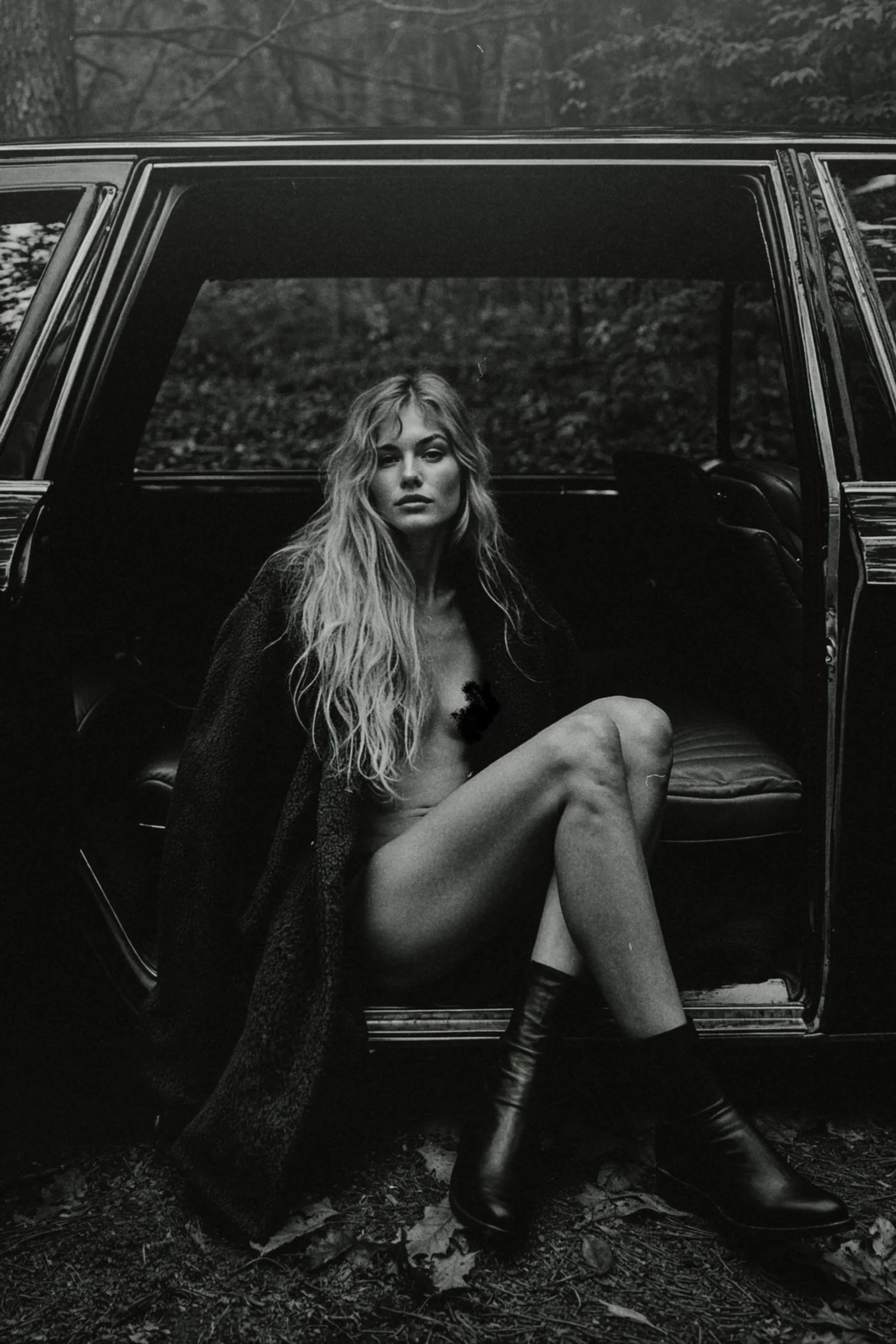 A woman with long, wavy hair sitting topless with a blanket wrapped around her shoulders, wearing boots, inside a car with the door open, outdoors.
